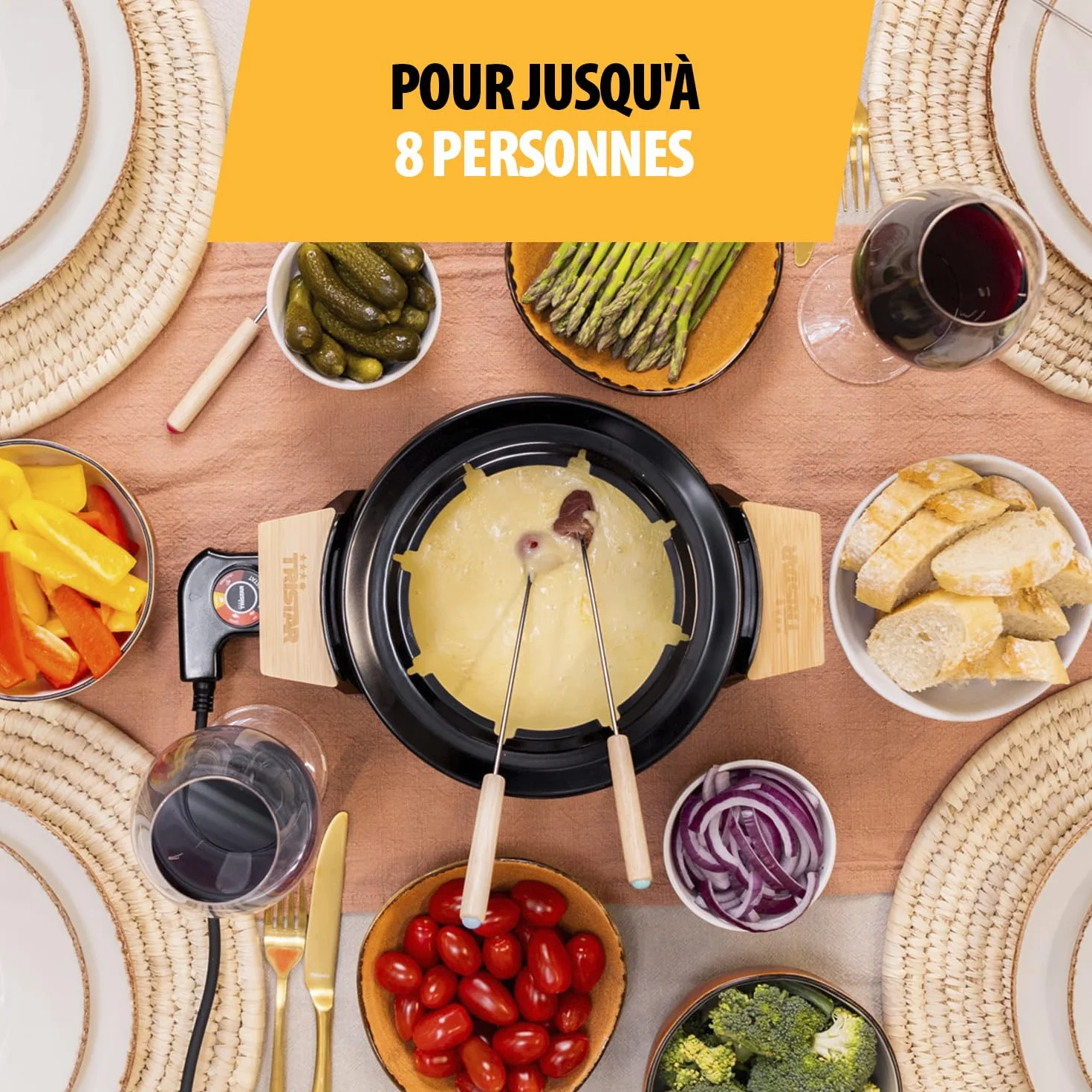 Tristar FO-1108 Service à fondue en bambou 1,5 L pour 8 – Caquelon multifonction pour huile, fromage et chocolat, inclut 8 fourchettes et un anneau anti-éclaboussures, design élégant