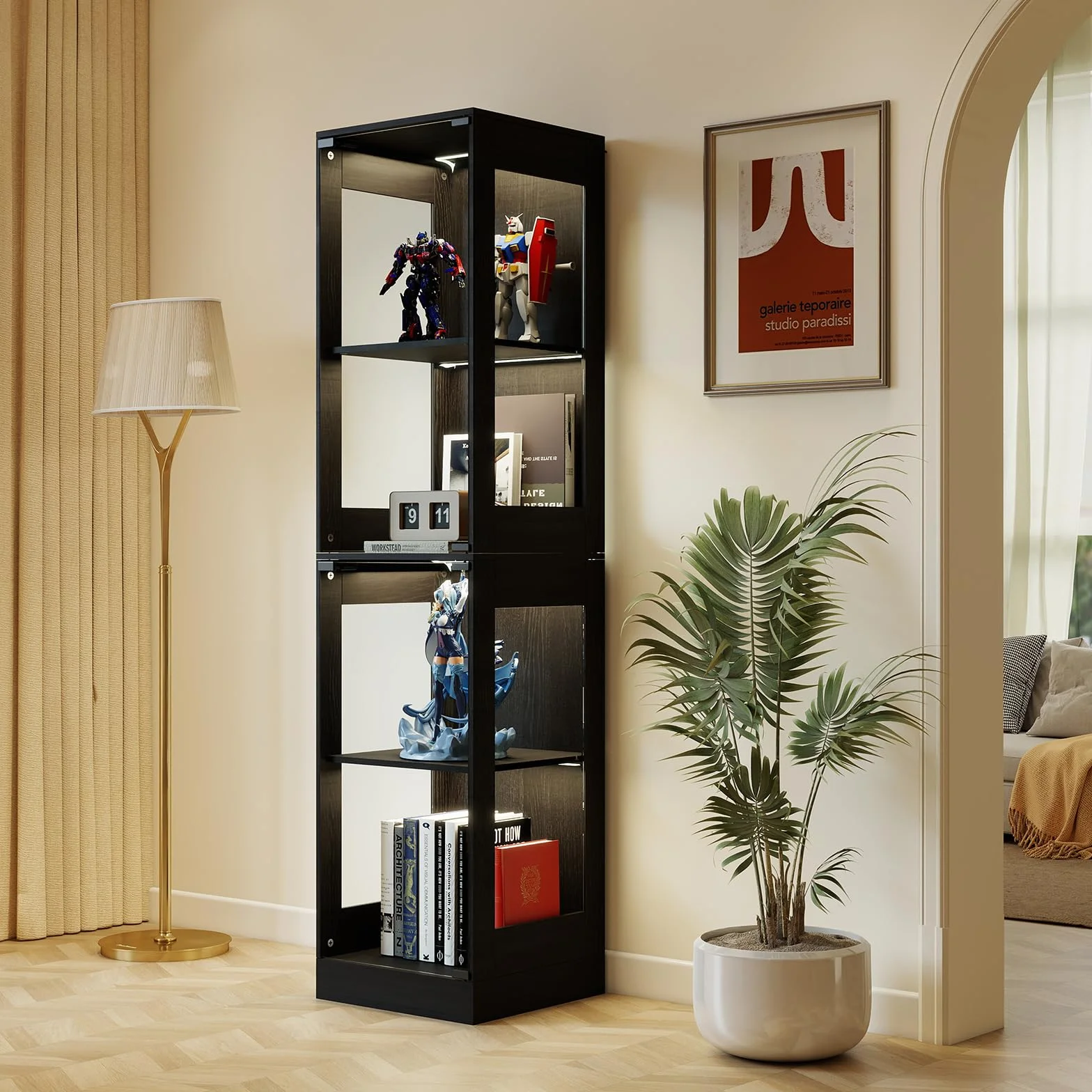 YU YUSING Vitrine Colonne en Verre avec Lumière Intelligente LED pour Collection, Armoire de Vitrine Moderne avec 4 Étagères, Mangathèque, Bibliothèque, Rangement Chambre Salon, 40 × 35 × 165 cm, Noir