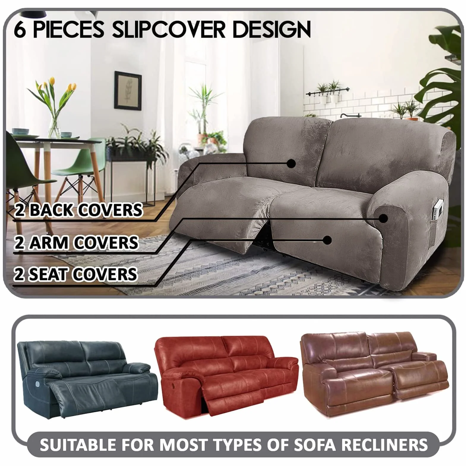 Housses de Chaise inclinables Velours Extensible 190-254 cm 2 Places 6 pièces Amovibles Taupe