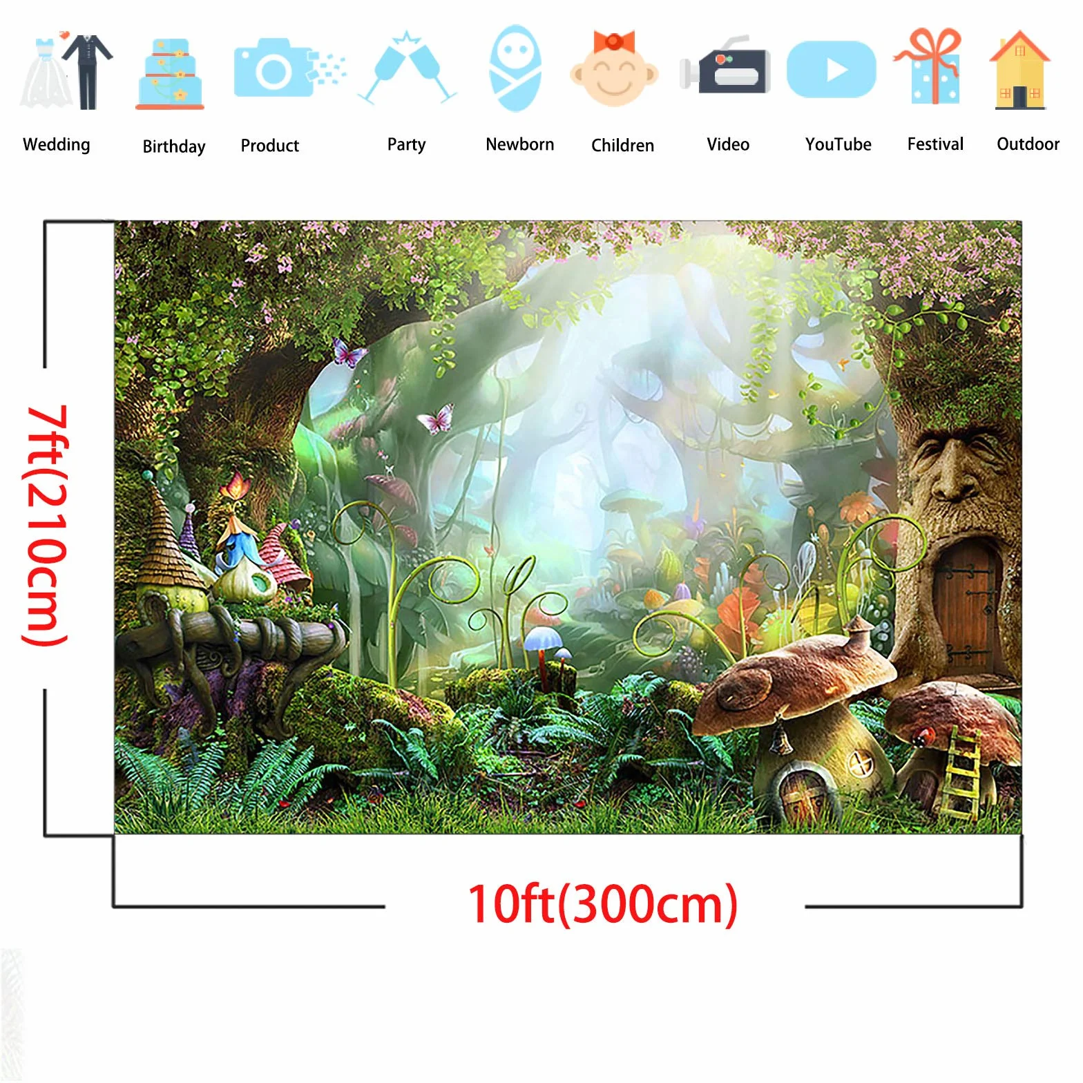 Conte de Fées Forêt Toile de Fond Champignon enchanté Papillon Fantaisie Pays des Merveilles Printemps Fleur Fond pour Enfants bébé fête d'anniversaire