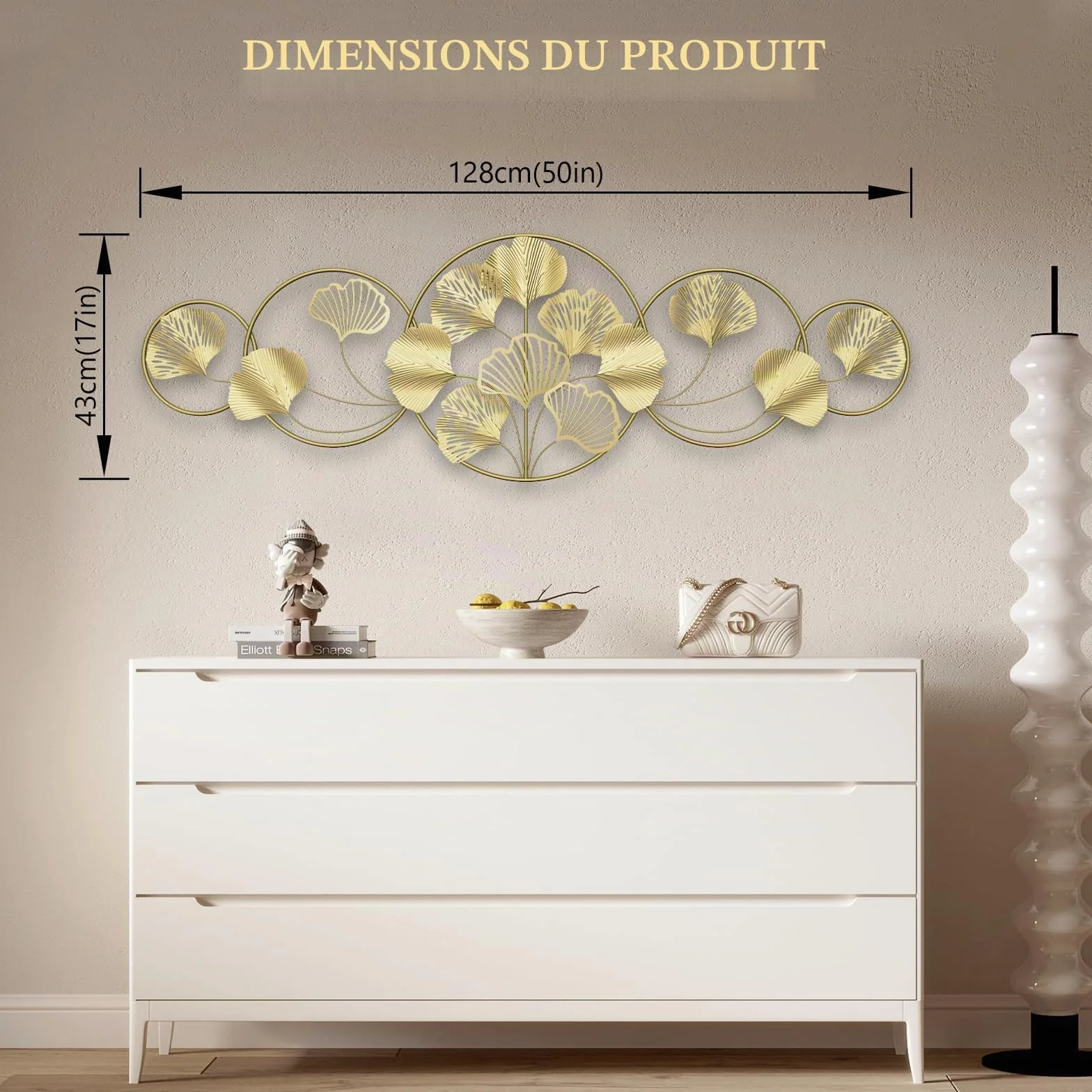 QHENS Decoration Murale Metal Doré, Decoration Murale Salon de Ginkgo 128 x 43 cm, Deco Murale Salon, Feuille Réglable, pour Salle D'étude Chambre à Coucher Hôtel