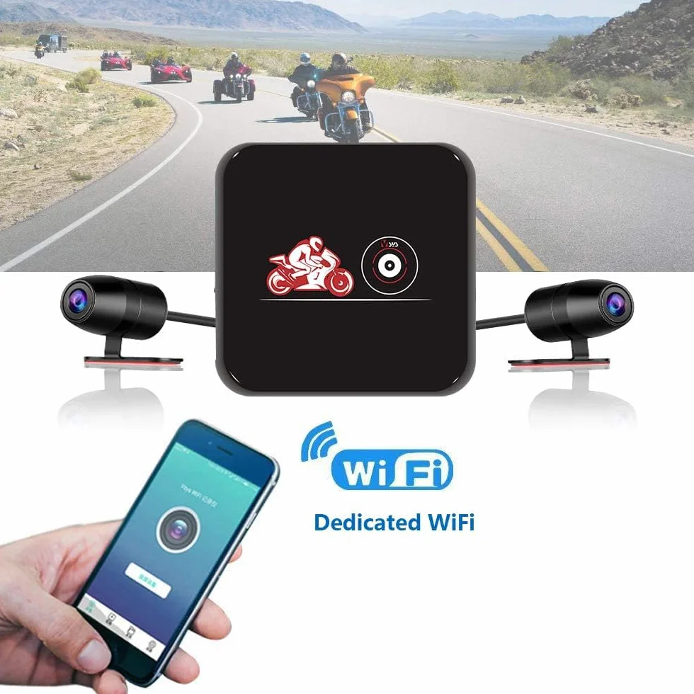 VSYSTO Kamera motocyklowa na deskę rozdzielczą 1080p, podwójna soczewka, kamera motocyklowa z przodu, z tyłu, WiFi, szerokokątna kamera sportowa 130°