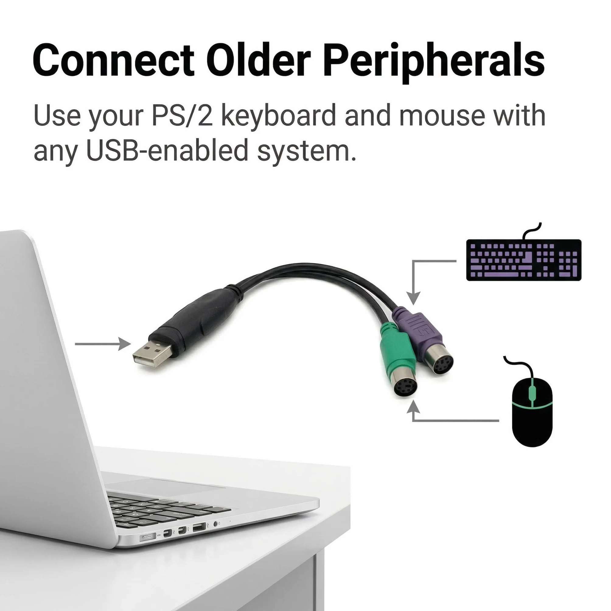 Adaptateur PS/2 vers USB, Convertisseur Actif PS2, Câble Clavier Souris, Lot de 2, 0.2m, Noir