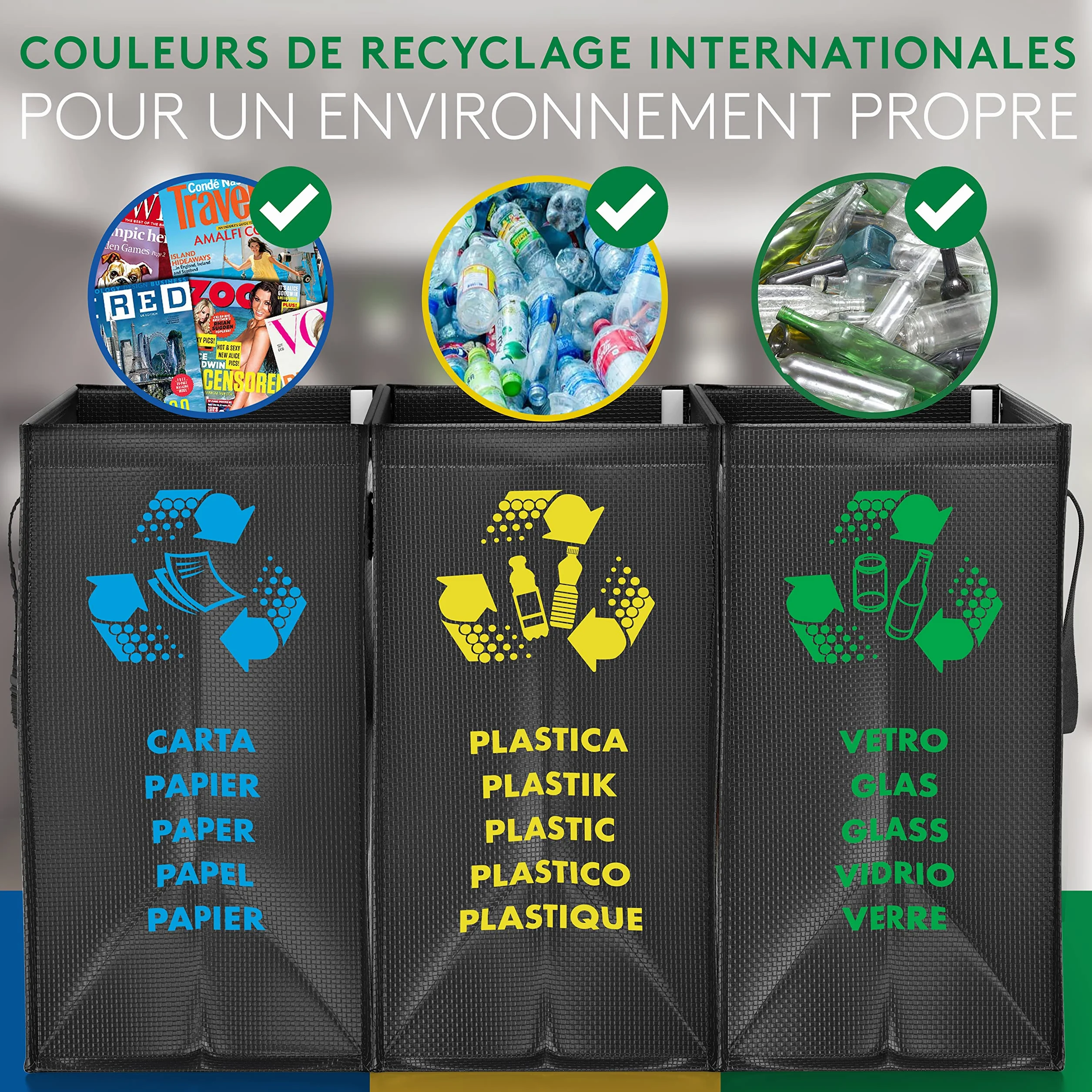 Poubelle tri selectif 3 bac PTMS® - Sac tri selectif pour verre papier plastique - Déchets recyclage facile à vider