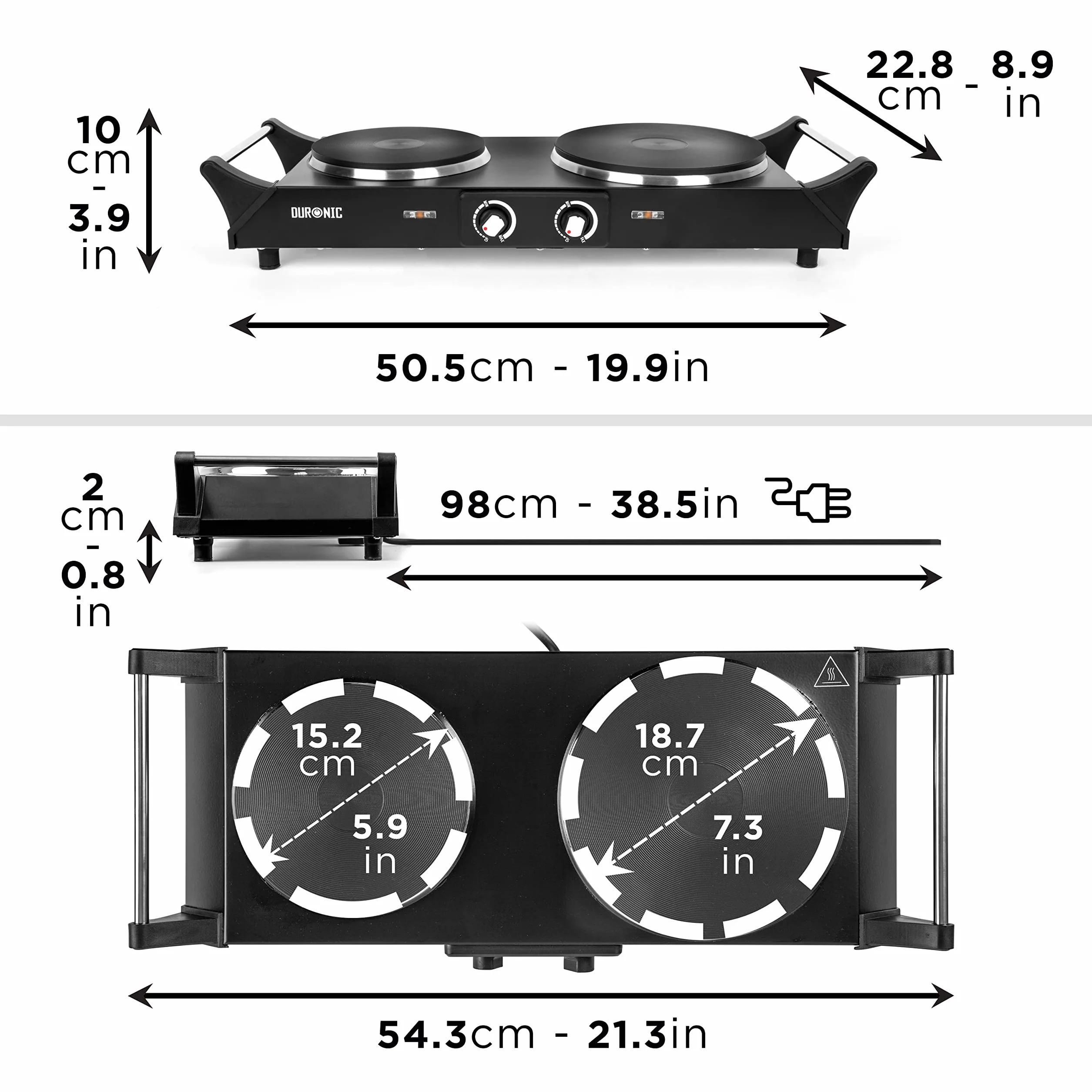 Duronic HP2 BK Plaque de cuisson chauffante électrique 1500W | Double Foyer en fonte de 20 et 15 cm | Poignées ergonomiques | Thermostat réglable | Réchaud mobile alternatif à une table de cuisson