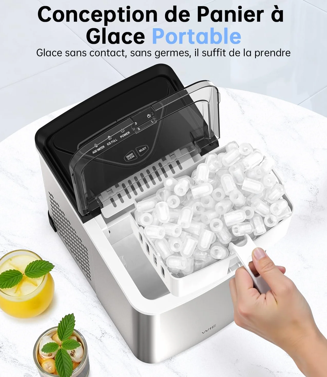 WIE Machine à glaçons, 15 kg de glaçons Ice Maker, 9 cubes en 6 min, Machine à glaçons avec poignée portable, Argent, Machine à glaçons pour la maison/cuisine/bureau/camping-car
