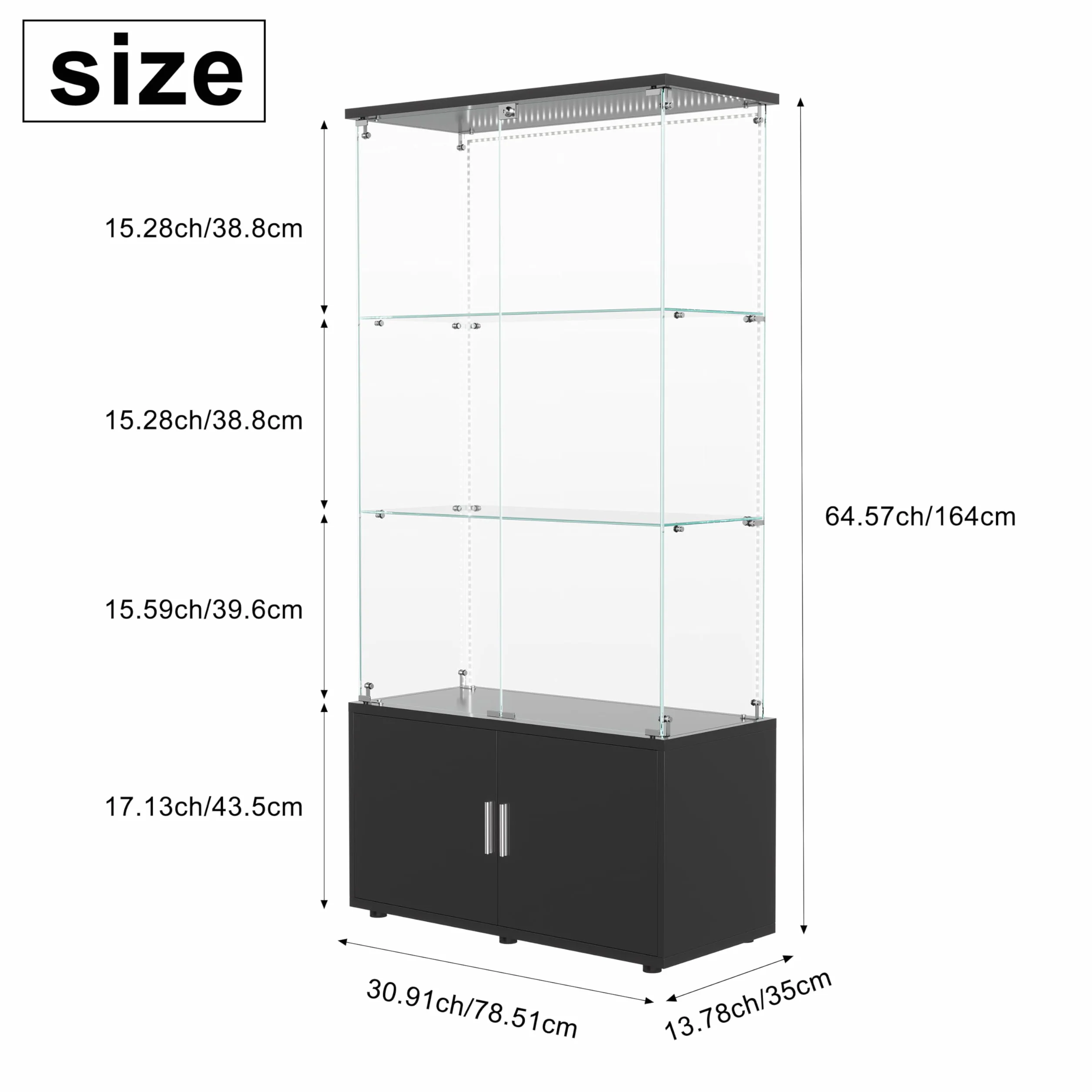 Vitrine en Verre avec 3 étagères et LED, Vitrine en verre sur pied avec 2 Portes et Base de Casier, Meuble Vitrine Verre pour Collection, pour Salon, Chambre, 78.5x35x164 cm (Noir + Bande LED)