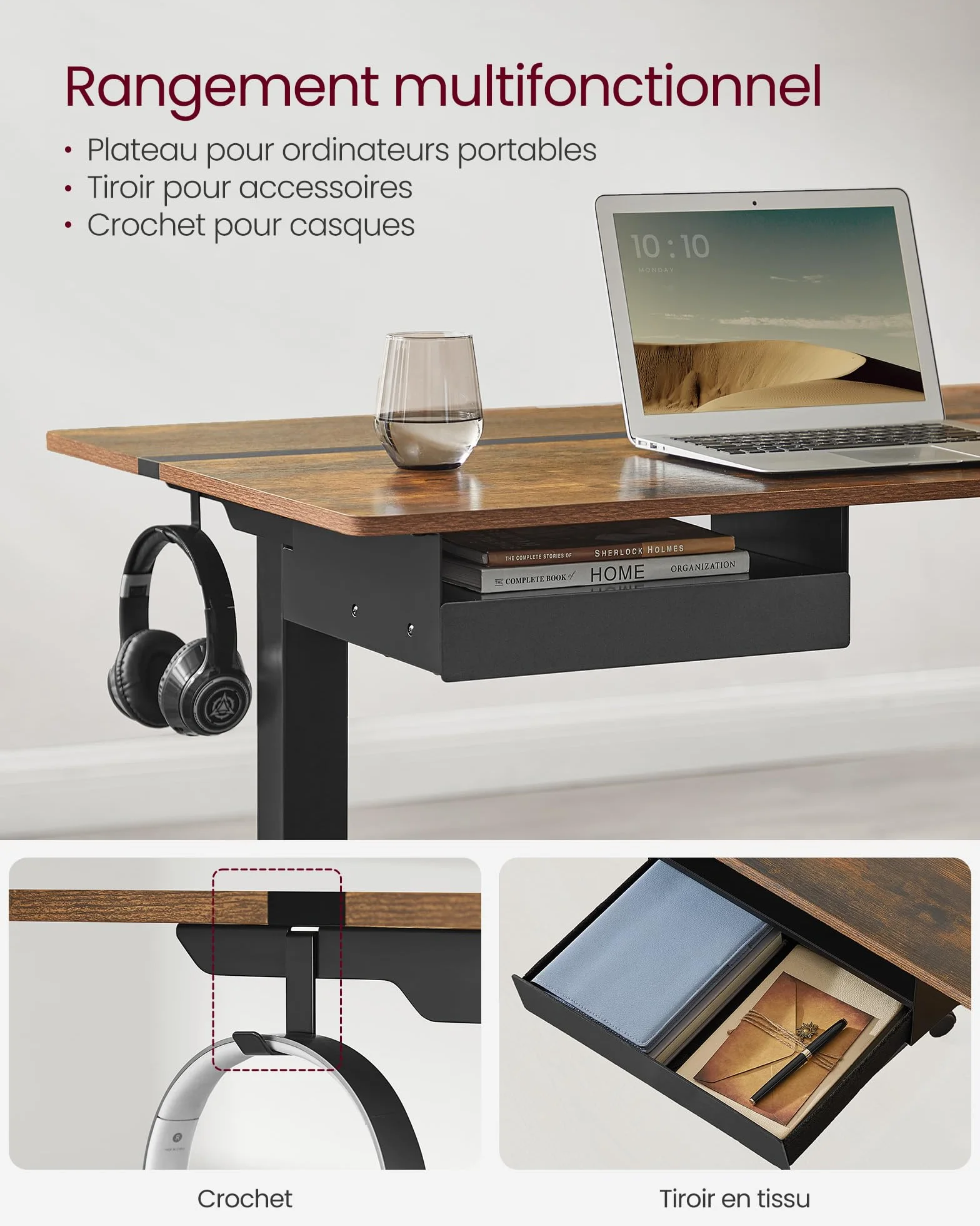 VASAGLE Bureau Électrique RÉglable en Hauteur, Bureau Assis-debout, Surface 60 x 140 cm, RÉglable en Continu, Fonction MÉmoire de 4 Hauteurs, Marron Rustique et Noir LSD114X01