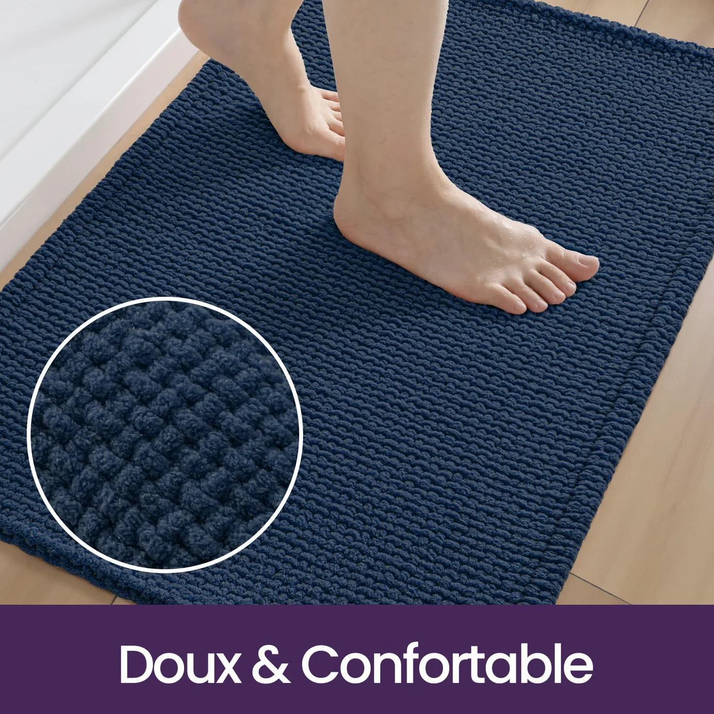 DEXI Tapis Salle de Bain 60 x 110 cm Chenille Antidérapant Lavable Bleu