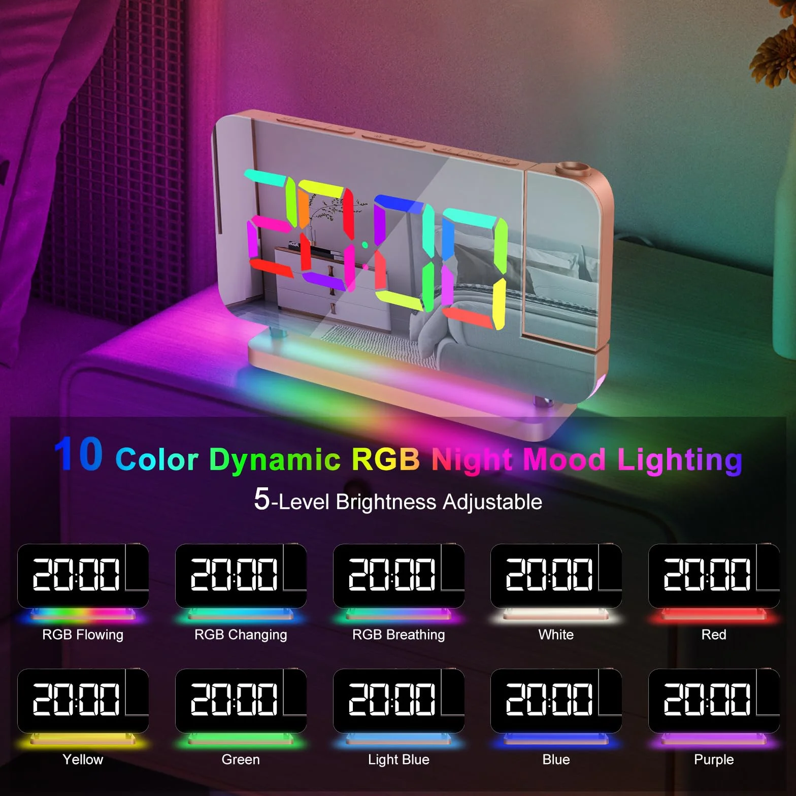 Euakee Réveil Numérique LED Miroir 7.4" Projecteur Rotatif 180° Chargeur USB-C Veilleuse 10 Couleurs
