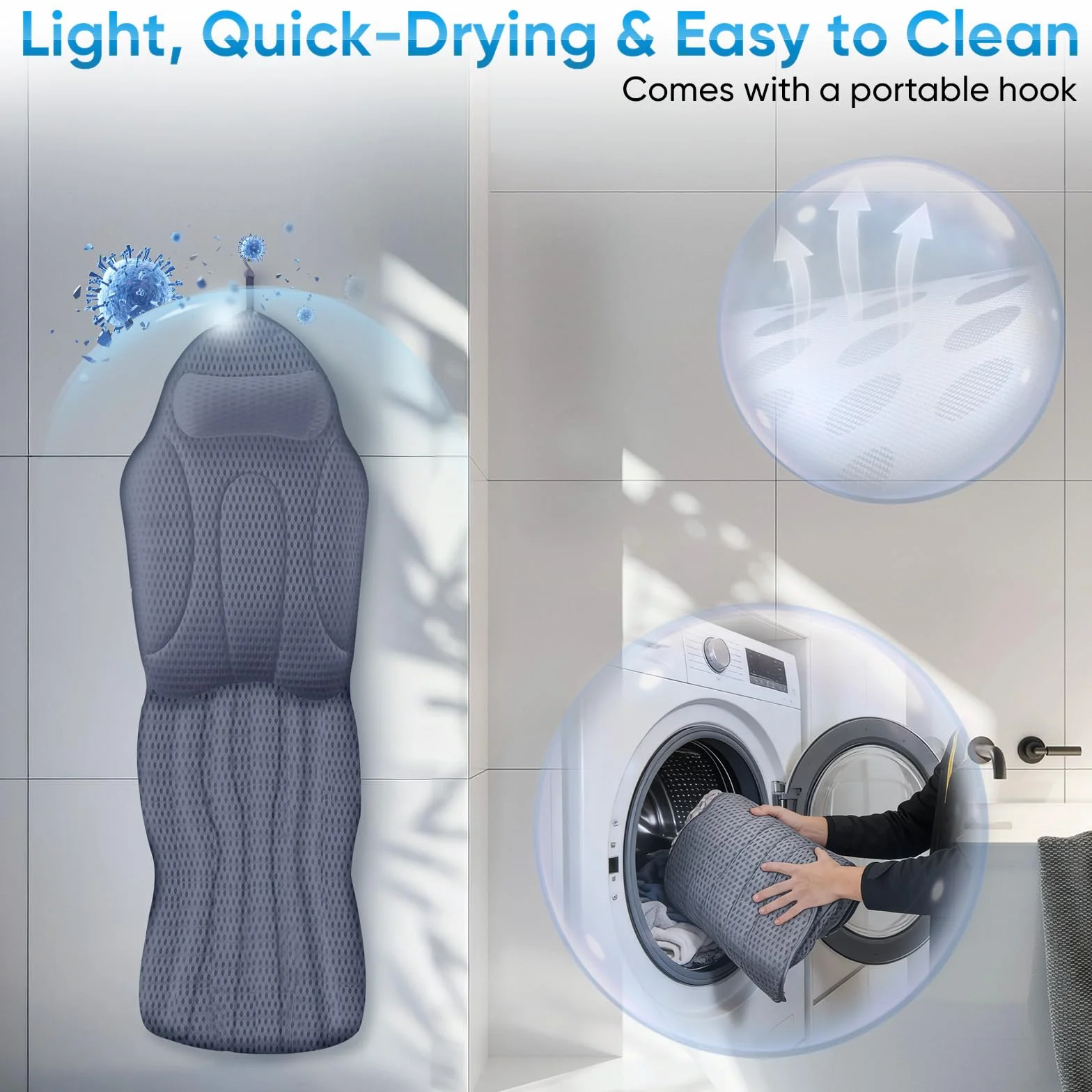 Coussin de bain Full Body avec coussin lombaire - Canapé de bain en maille 5D douce - Avec ventouses et appui-tête - 142 x 48 cm - Gris