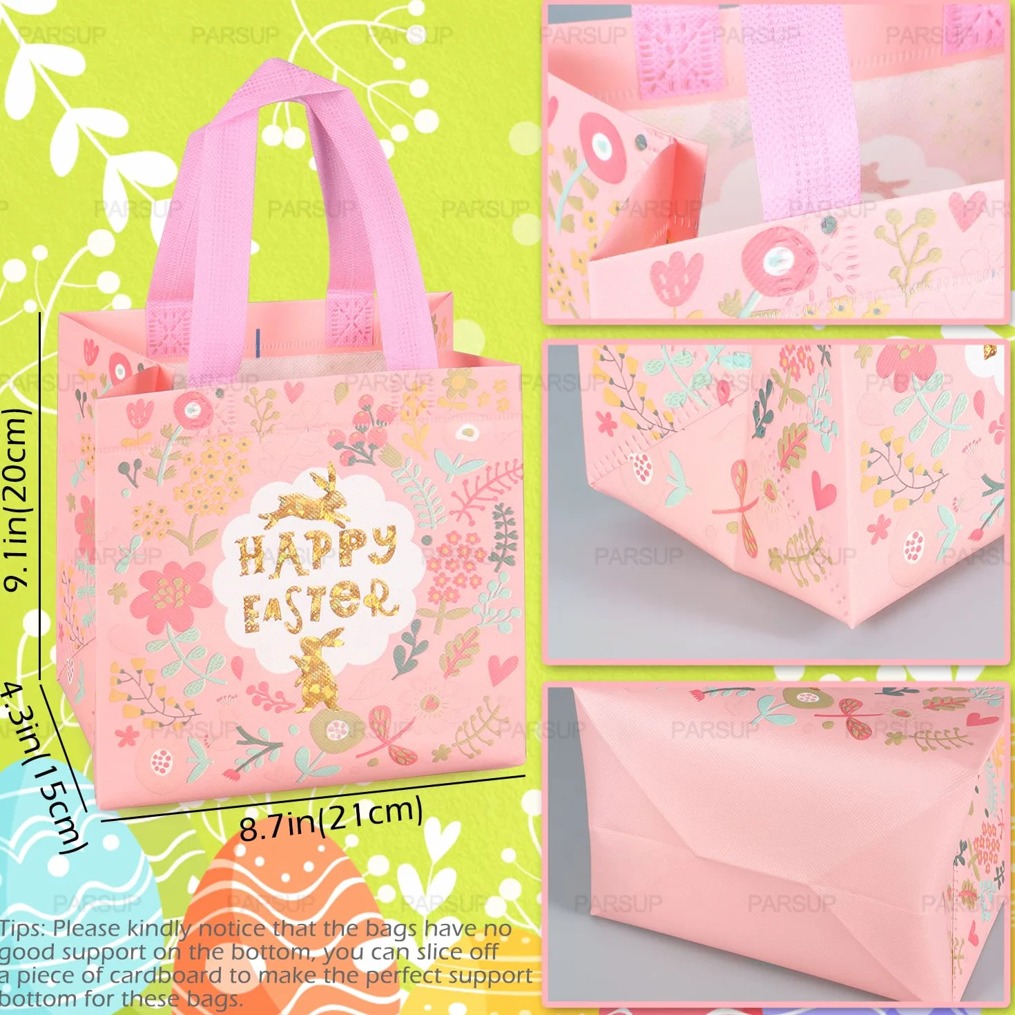 Sacs de Pâques non tissés avec poignées pour chasse aux œufs et emballage de cadeaux 21×20×15cm lot de 6