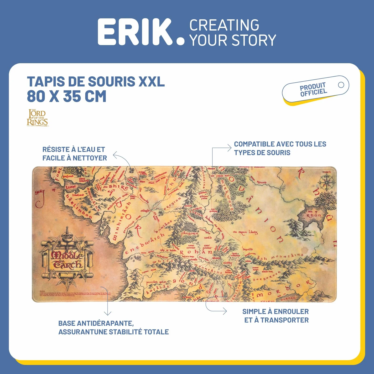 Tapis de Souris XL Le Seigneur des Anneaux 80 x 35 cm, sous Licence Officielle - Tapis de Bureau Gamer
