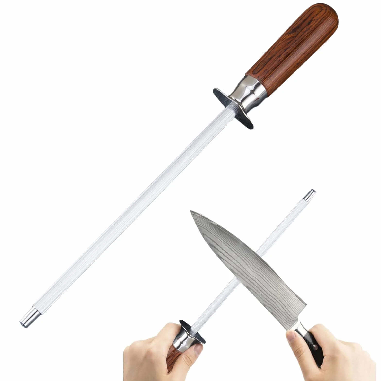Fusil à aiguiser pour couteaux, fusil à aiguiser, aiguiseur de couteaux haute dureté 30 cm, manche ergonomique en bois coloré, couteau en acier pour bâtons d'affûtage dans la cuisine et le