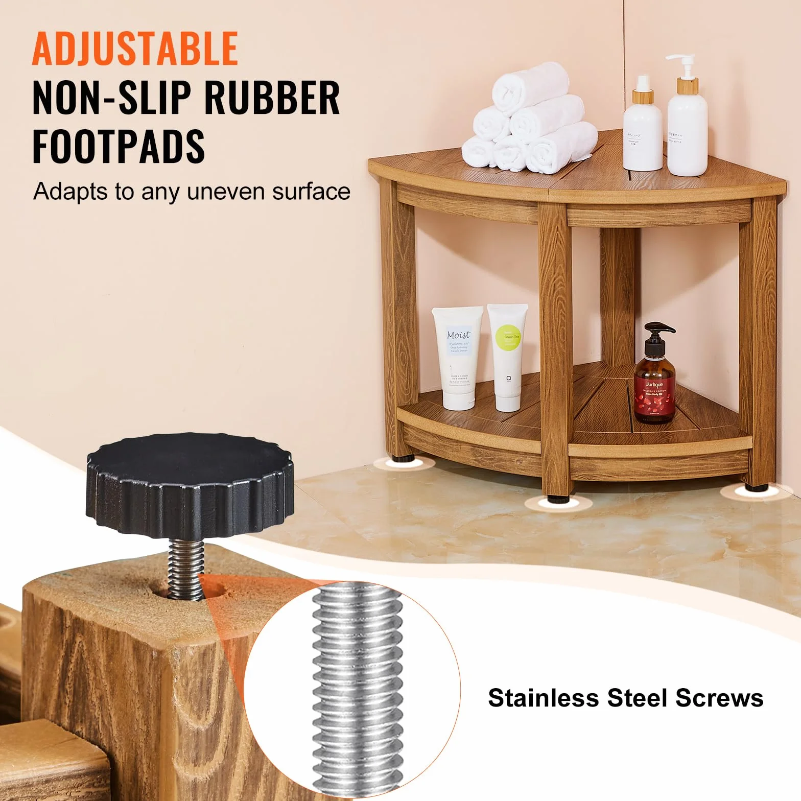 VEVOR Banc de Douche d'angle, 47,7 cm de Hauteur, 45 cm de Rayon, Tabouret de Douche Polystyrène Imitation Bois, Charge 159 kg avec Étagère de Rangement, Résistant à l'eau, pour Salle de Bain