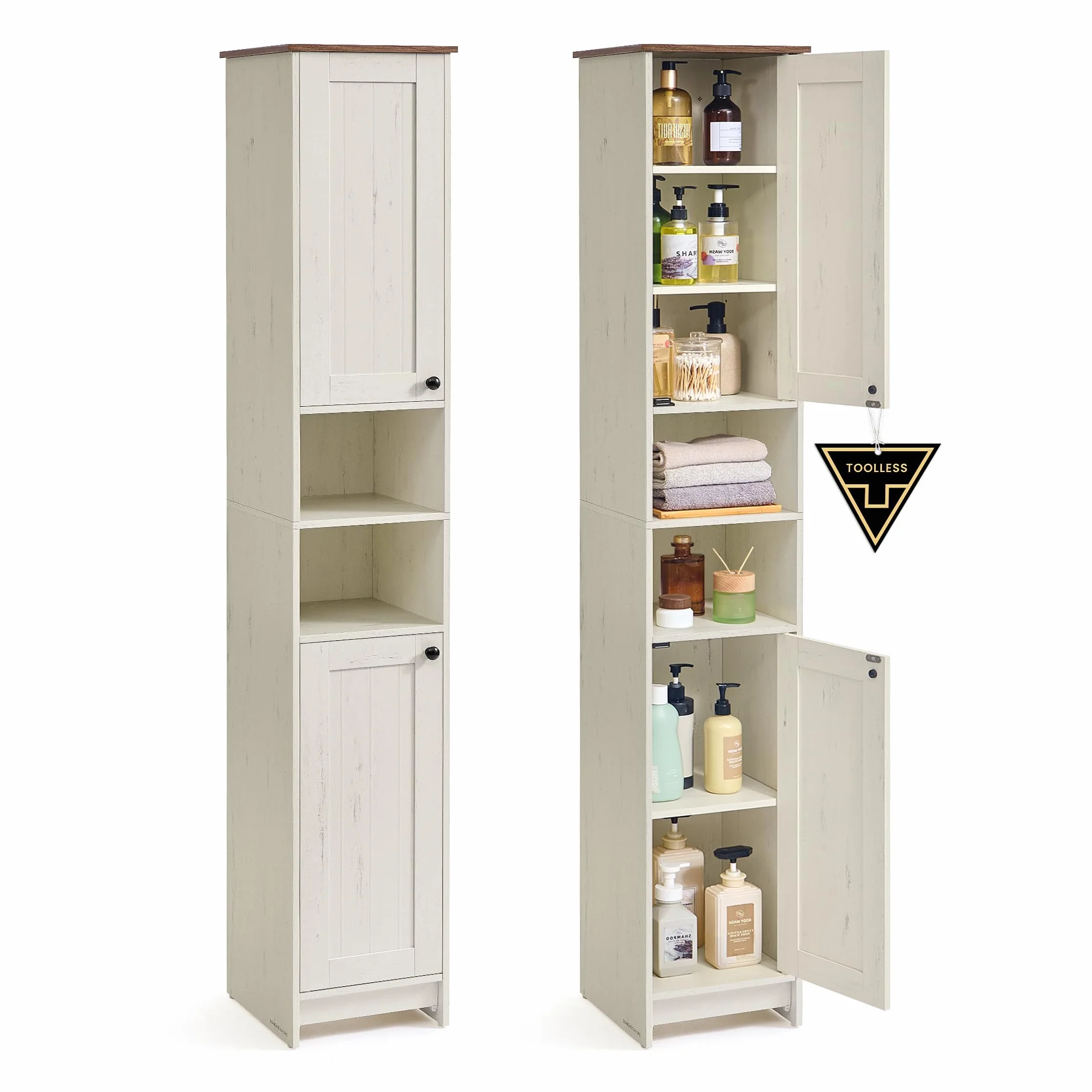 SONGMICS HOME Meuble de Salle de Bain Haut, Assemblage Ultra-rapide sans Outils Toolless, Colonne de Rangement, avec Étagères Réglables, pour Salon, Entrée, 30 x 30 x 170 cm, Blanc Rustique BBC667WJ01