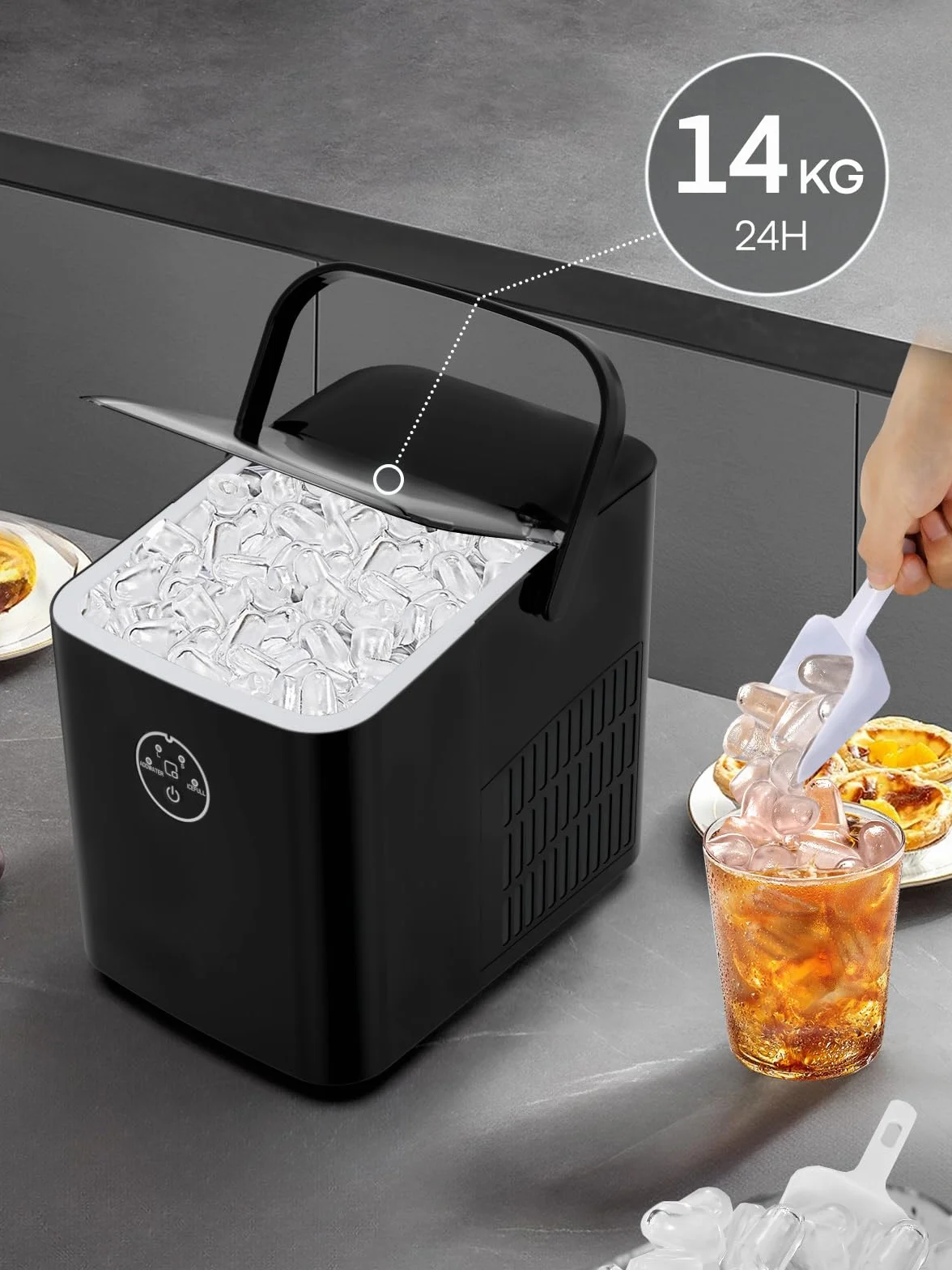 FOHERE Machine à Glaçons 14kg/24h, 8 Glaçons en 8 Minutes, 2 Tailles, Autonettoyante, Ice Maker Comptoir avec Poignée