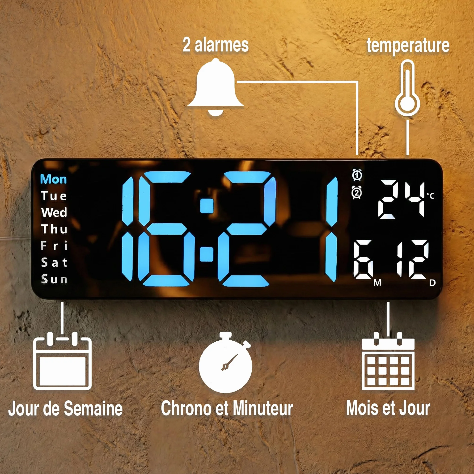 Horloge Numérique Murale Grand Affichage Chiffres LED Lisibles Silencieuse Bleu/Blanc