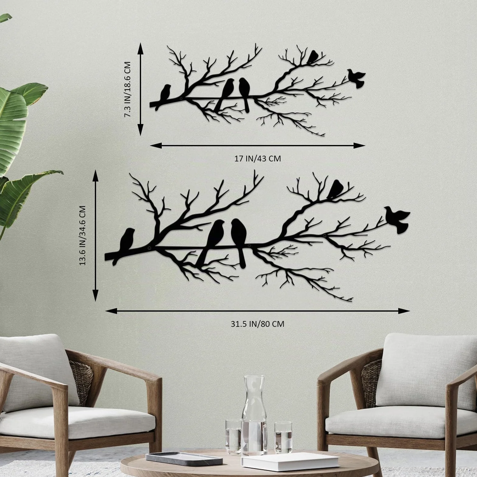 ESTART Décoration murale extérieure en métal silhouette d'oiseaux sur une branche feuilles noires sculpture murale pour maison jardin