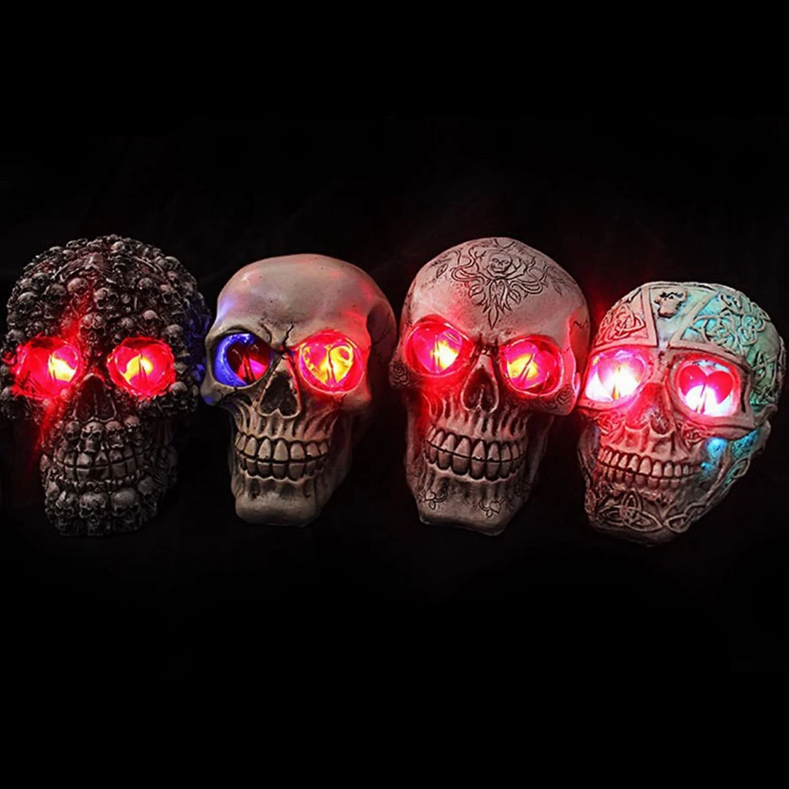 Lampe LED tête de mort résine yeux lumineux Halloween décoration gothique