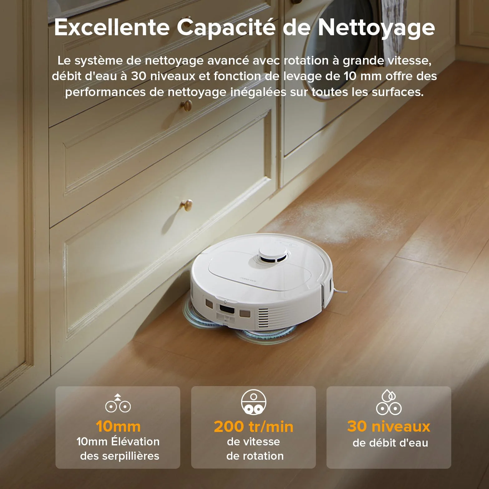 Roborock QV 35A Aspirateur Robot Laveur 8000Pa HyperForce Station Multifonctionnelle Serpillière Rotative 200 TR/Min Relevable 10mm