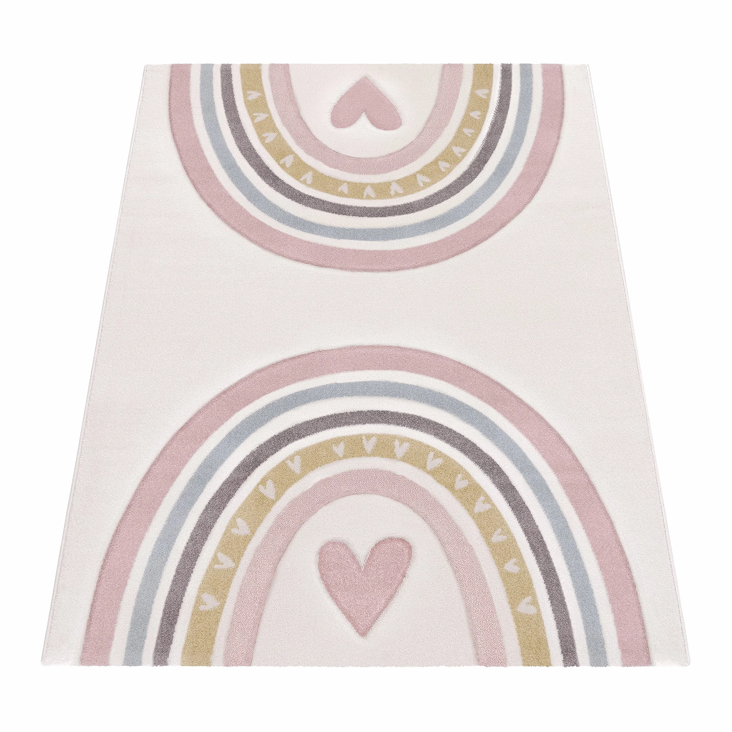 Paco Home Tapis Enfant Arc-en-Ciel Coeur 3D Rose Crème 120x170 cm