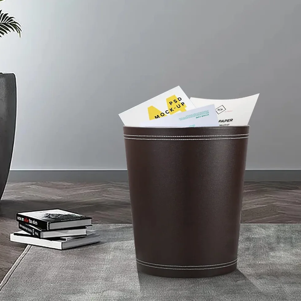 KINGFOM™ Corbeille à Papier en Cuir Rond Marron Bureau Salle de Bains