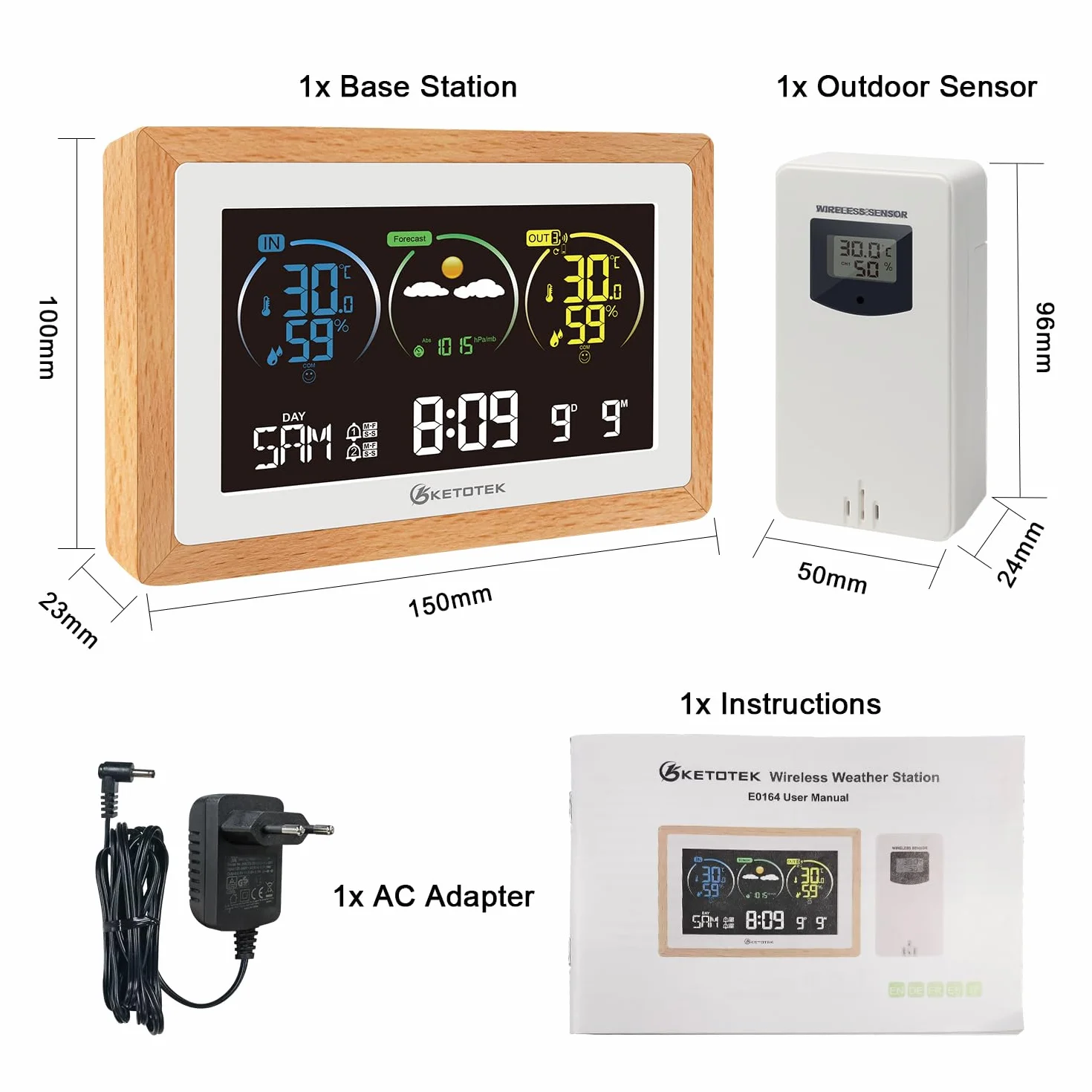 KETOTEK Station Météo Sans Fil avec Capteur Extérieur Thermomètre Hygromètre Horloge Radio-pilotée DCF Prévisions Réveil Rétro-éclairage