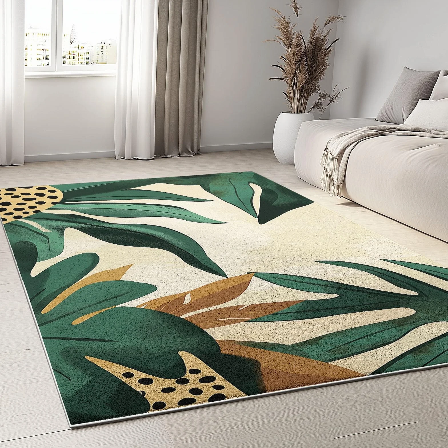 Tapis Poils Ras Motif Feuilles De Jungle Rétro Tapis Salon Chambre Adulte Salle à Manger Bureau Tapis Imprimé à Poil Court Doux Fin Lavable 80 x 150 cm, Vert Marron