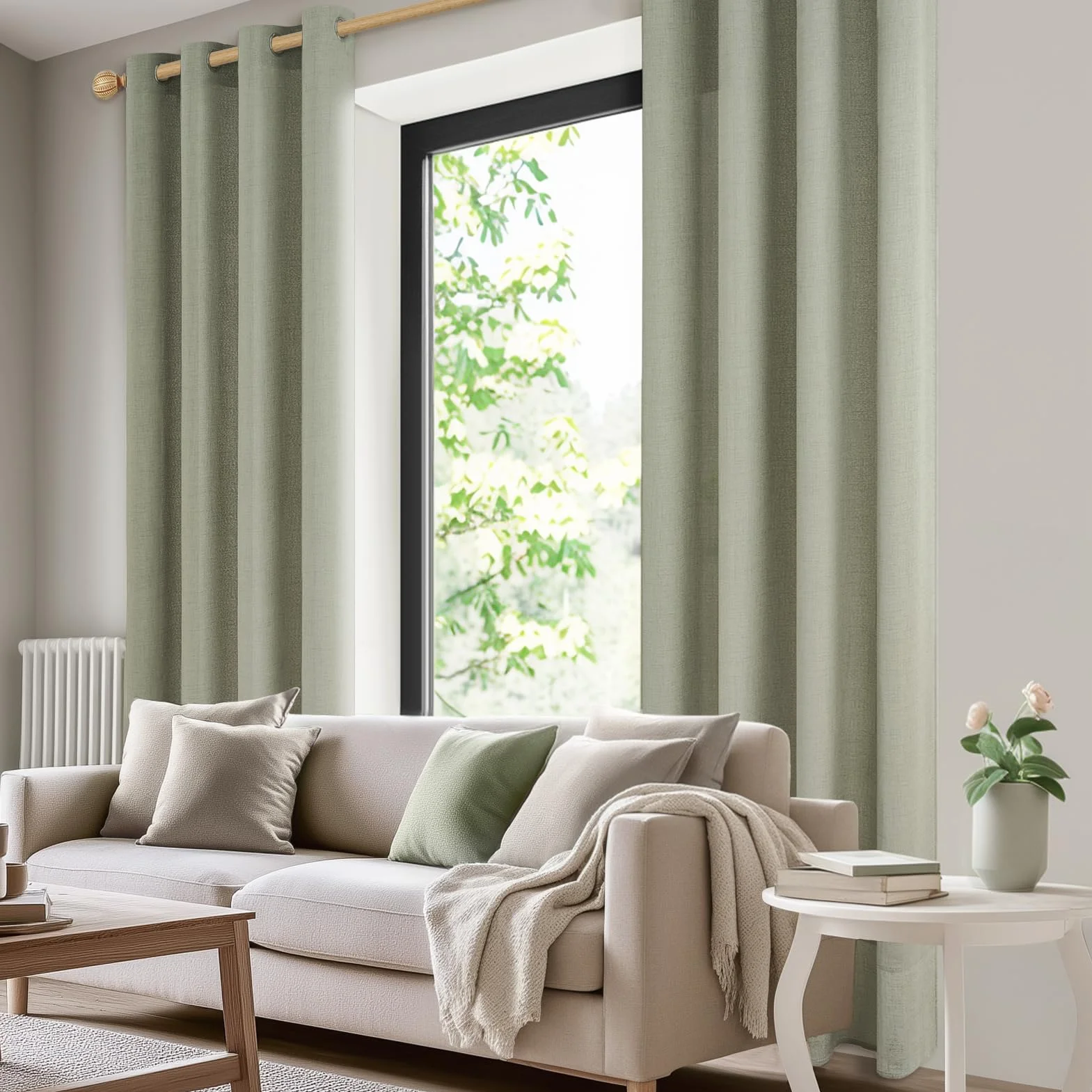 CUTEWIND Rideaux Voilage en Lin Vert Sauge Courts 140x145 CM, Rideau Voilage Fenetre Baie Vitrée Translucide à Oeillets, Rideau Voile Effet Lin pour Salon Chambre Cuisine, 2 Pièces