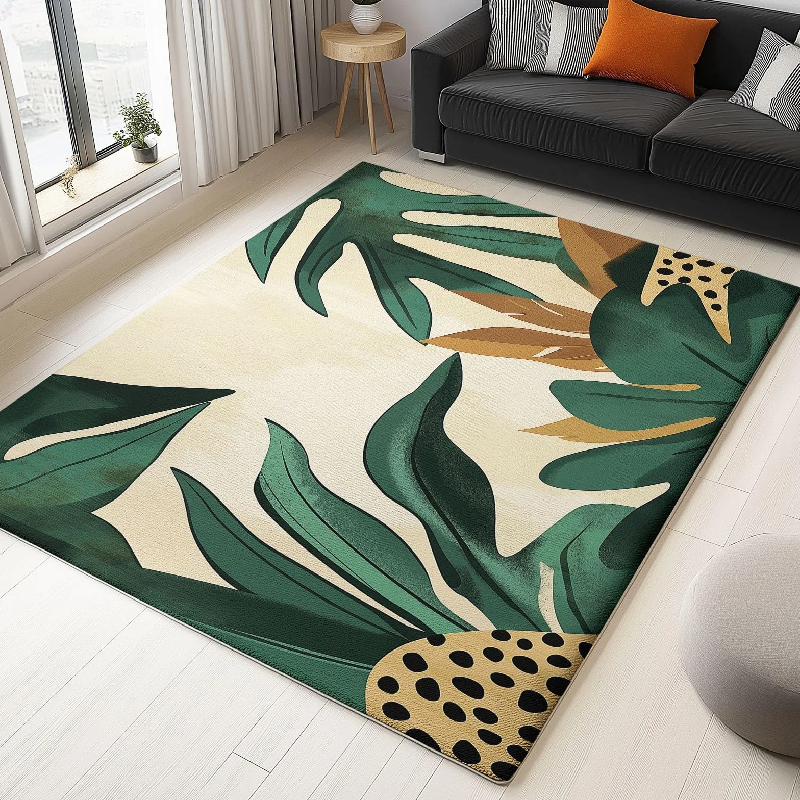 Tapis Poils Ras Motif Feuilles De Jungle Rétro Tapis Salon Chambre Adulte Salle à Manger Bureau Tapis Imprimé à Poil Court Doux Fin Lavable 80 x 150 cm, Vert Marron