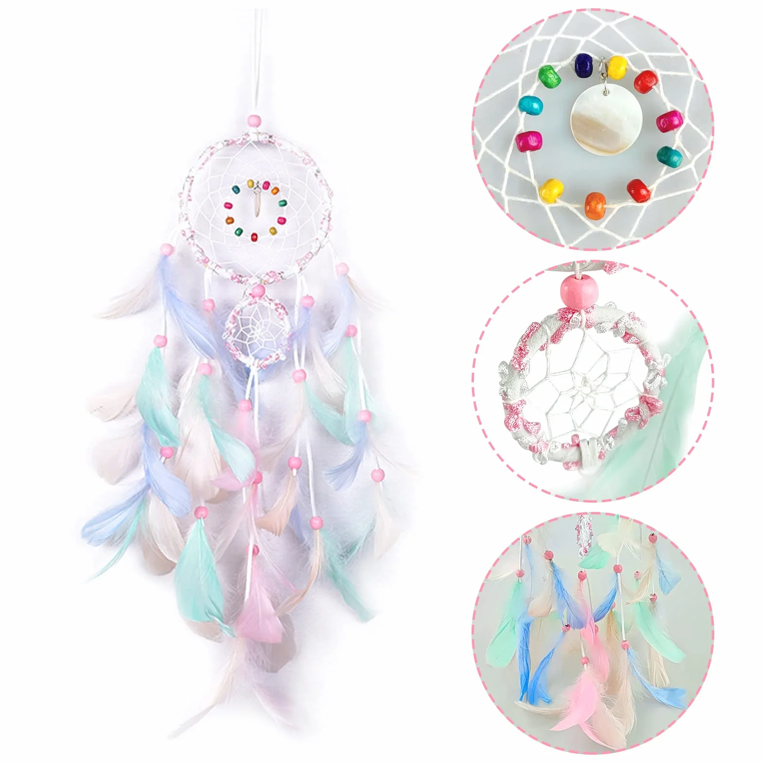 Boho Attrape-Rêves avec Plumes, Dream Catcher 3D Décoration Murale Rose