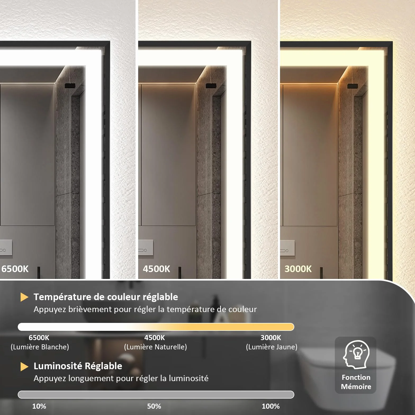YOURLITE Miroir de Salle de Bain avec Éclairage LED 50x70cm, Fonction Antibuée Étanche Ip44 Lumière Chaude,Naturelle et Froide,Luminosité Réglables, avec Affichage Heure et Température