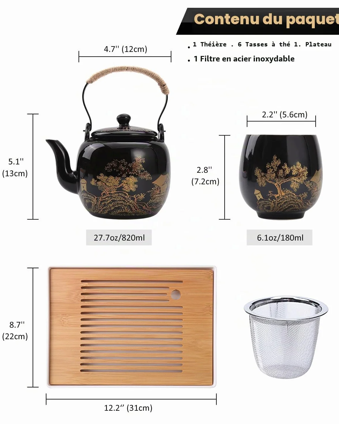 DUJUST Magnifique Service à Thé Japonais, en Porcelaine Noire avec 1 Théière, 6 Tasses, 1 Plateau, 1 Infuseur, Asiatique pour Amateur de Thé (Campagne Dorée)