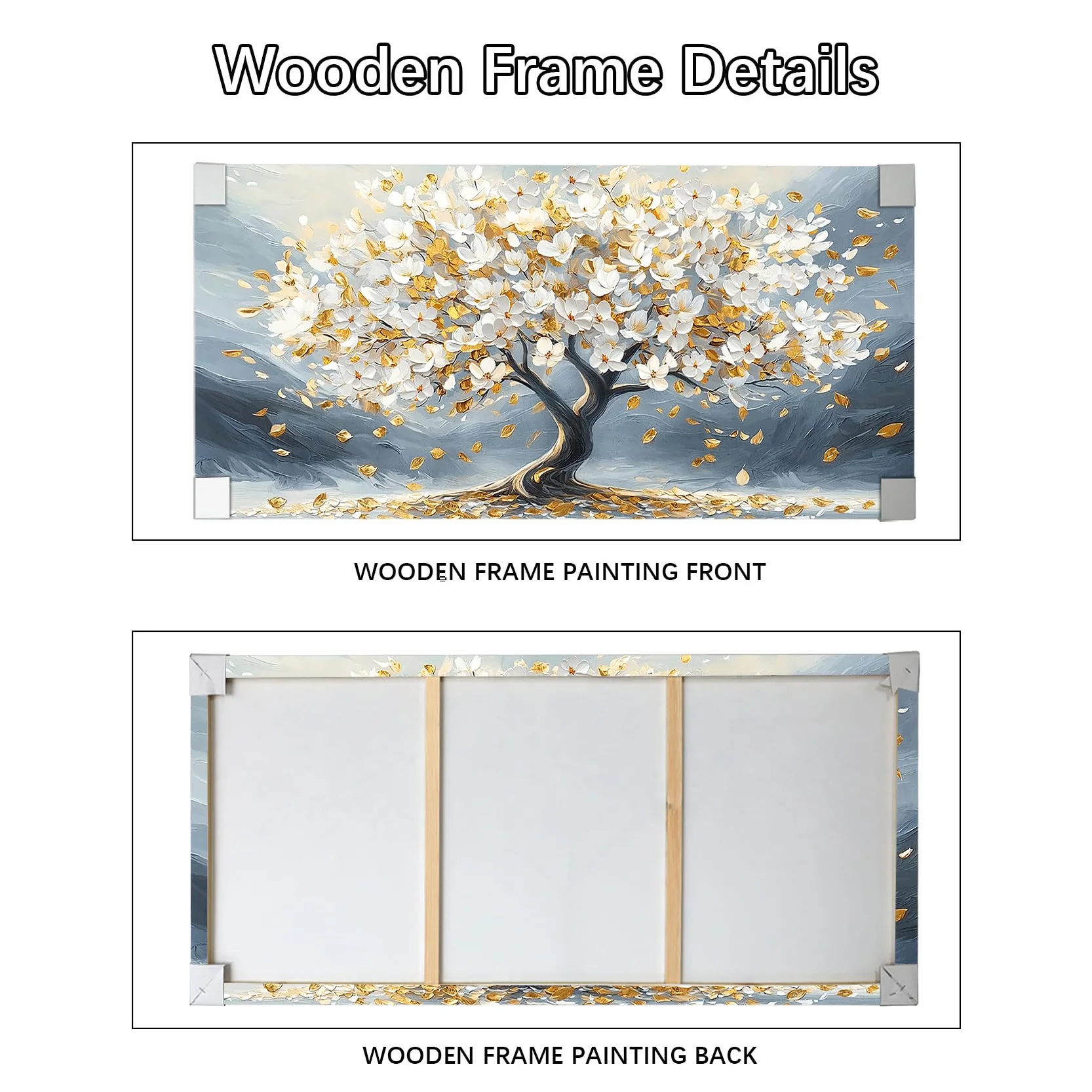 Cadre en Bois Impression sur Toile Arbre De Vie Fleurs Blanche Tableau Peinture Poster Mural Moderne Gris Or Image sur Toile Grandes Tableau Decoration Murale Salon Chambre Restaurant 50x120cm