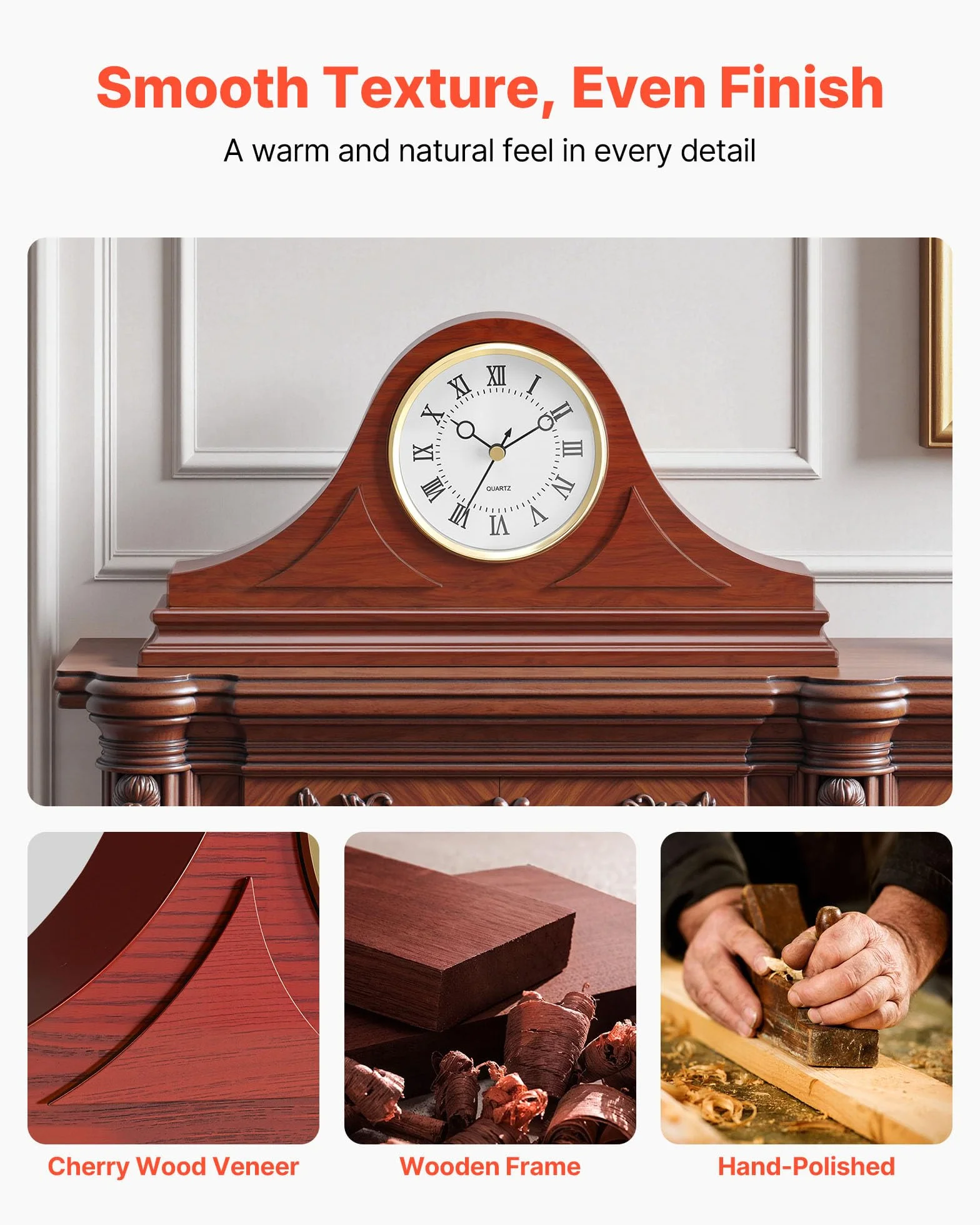 VEVOR Horloge de Cheminée Rétro 164 mm MDF Mouvement Quartz Design Silencieux Décoration Intérieure Finition Bois de Cerisier