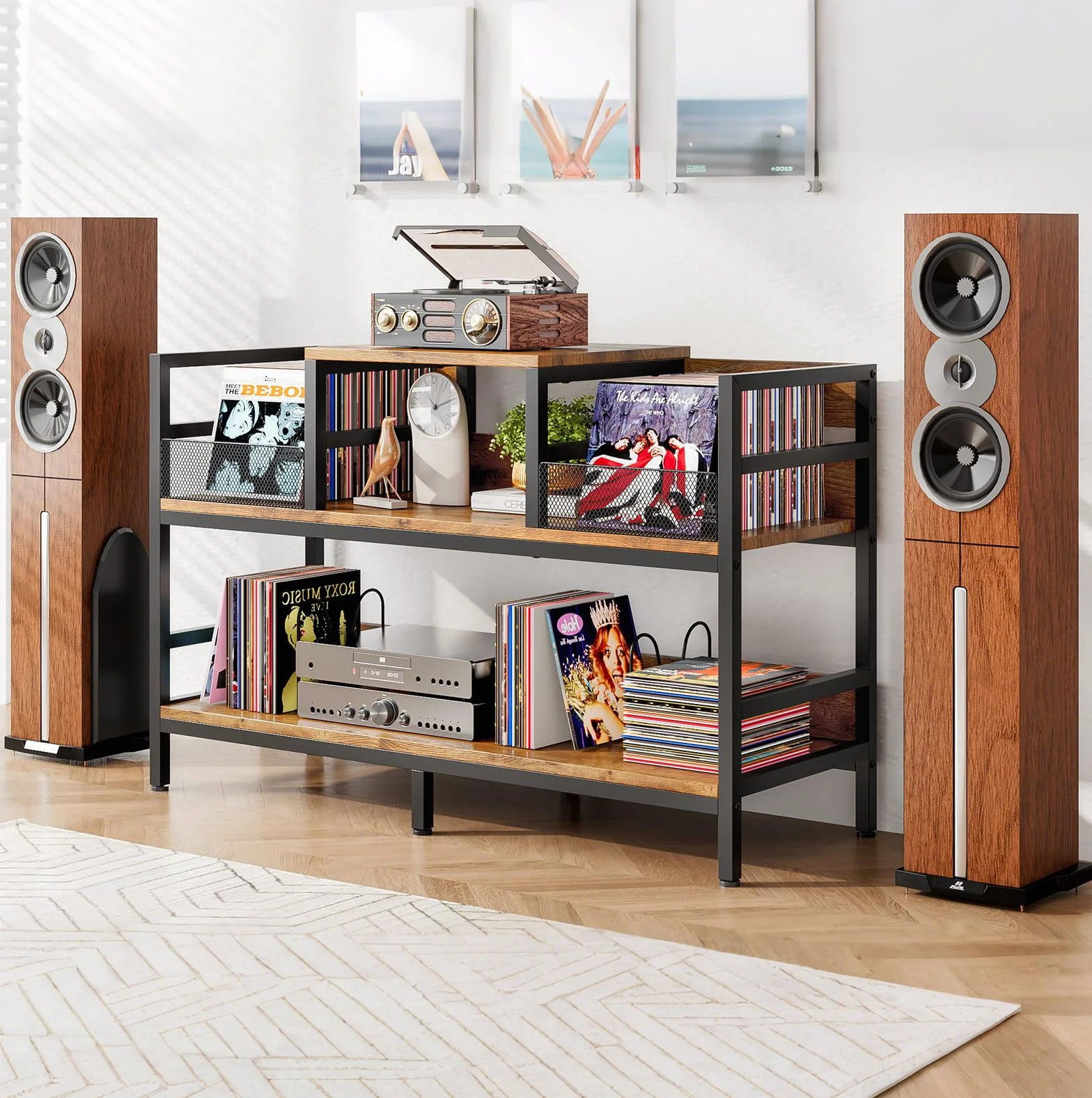 Meuble pour platine vinyle, rangement pour jusqu'à 350 albums, support pour platine avec 4 séparateurs, meuble de rangement pour disques vinyles pour salon et chambre
