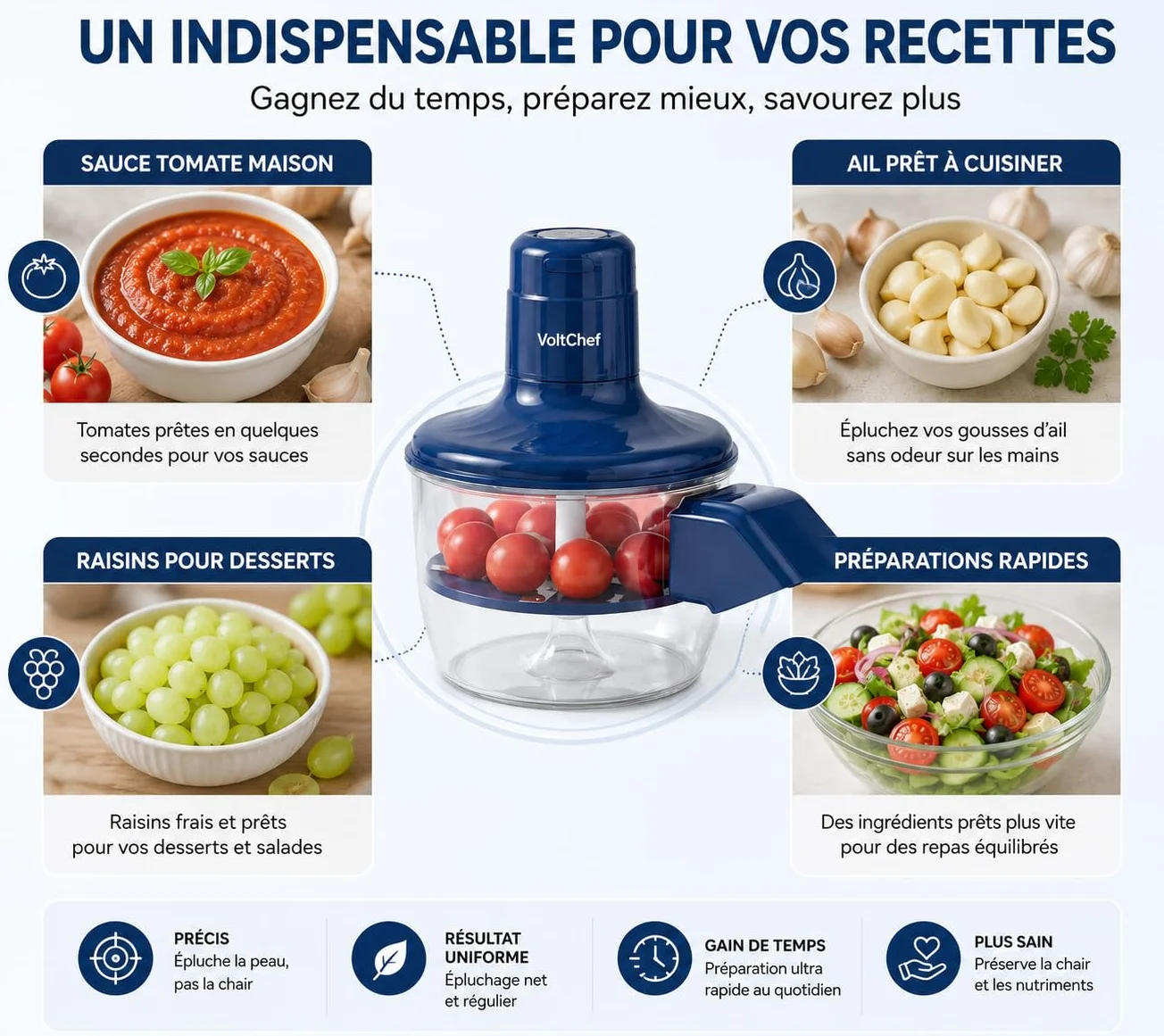 Éplucheur Électrique Automatique de Fruits et Légumes – Rechargeable USB-C – Lame en Acier Inoxydable – Épluchage Rapide Sans Effort – Épluche Ail, Tomates Cerises, Raisins et Plus