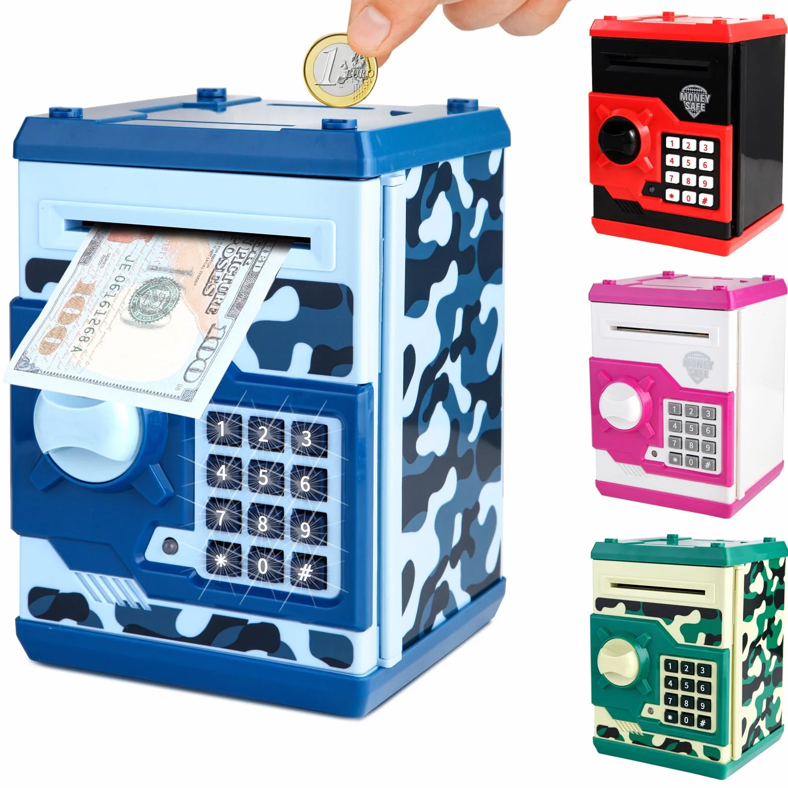 Tirelire Électronique ATM pour Enfants 3+ Coffre-Fort à Code Pièces Billets Grande Capacité Papier Défilement Automatique Bleu