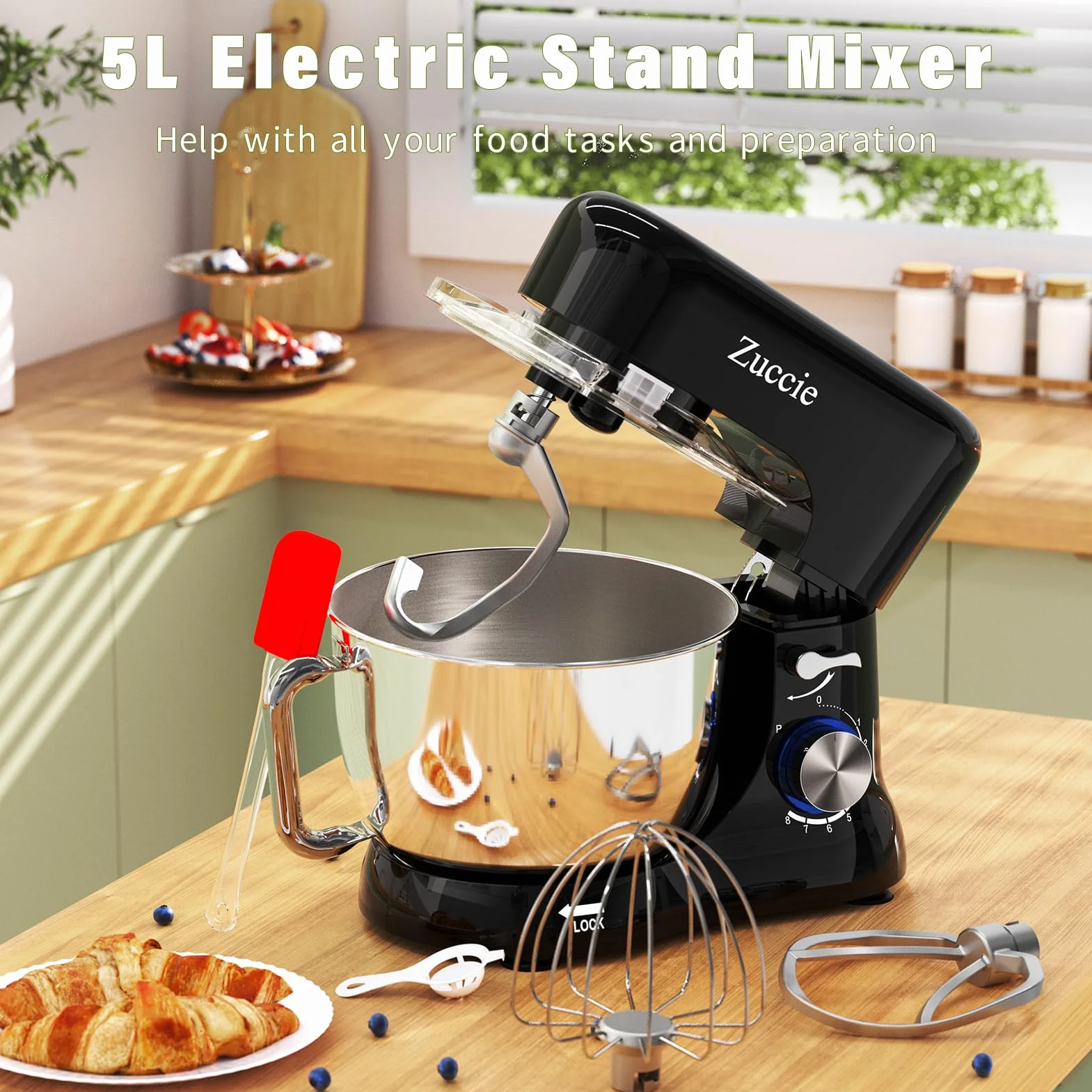 Robot Patissier, Zuccie 5 L Robot Pâtissier, 1000W Robot Cuisine avec Fouet, Batteur, Crochet, Bol d'Acier Inoxydable et Pare-éclaboussures, 8+P Vitesses Robot Pétrin Professionnel (Noir)