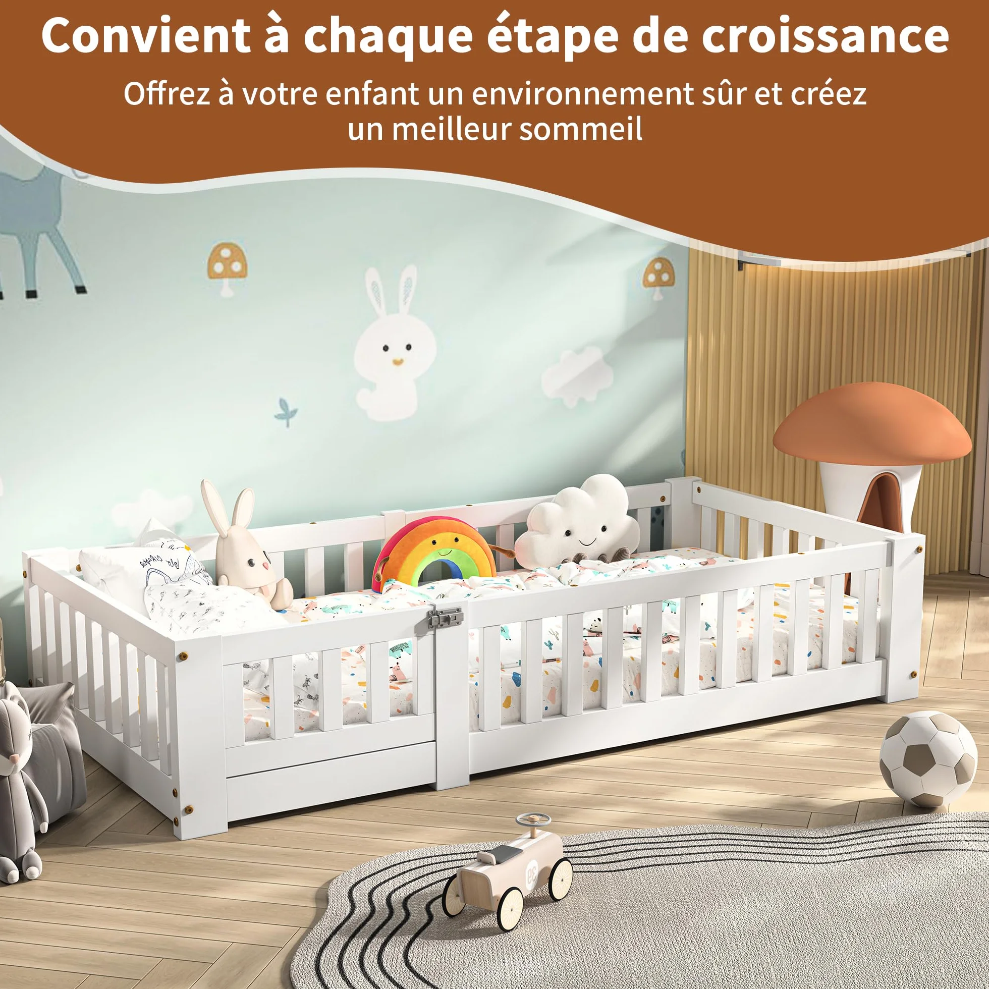 Lit Enfant Montessori au Sol 90x190 cm, Cadre de Lit en Bois de Pin Blanc avec Barrières de Sécurité, Sommier à Lattes pour Garçons et Filles (Matelas Non Inclus)