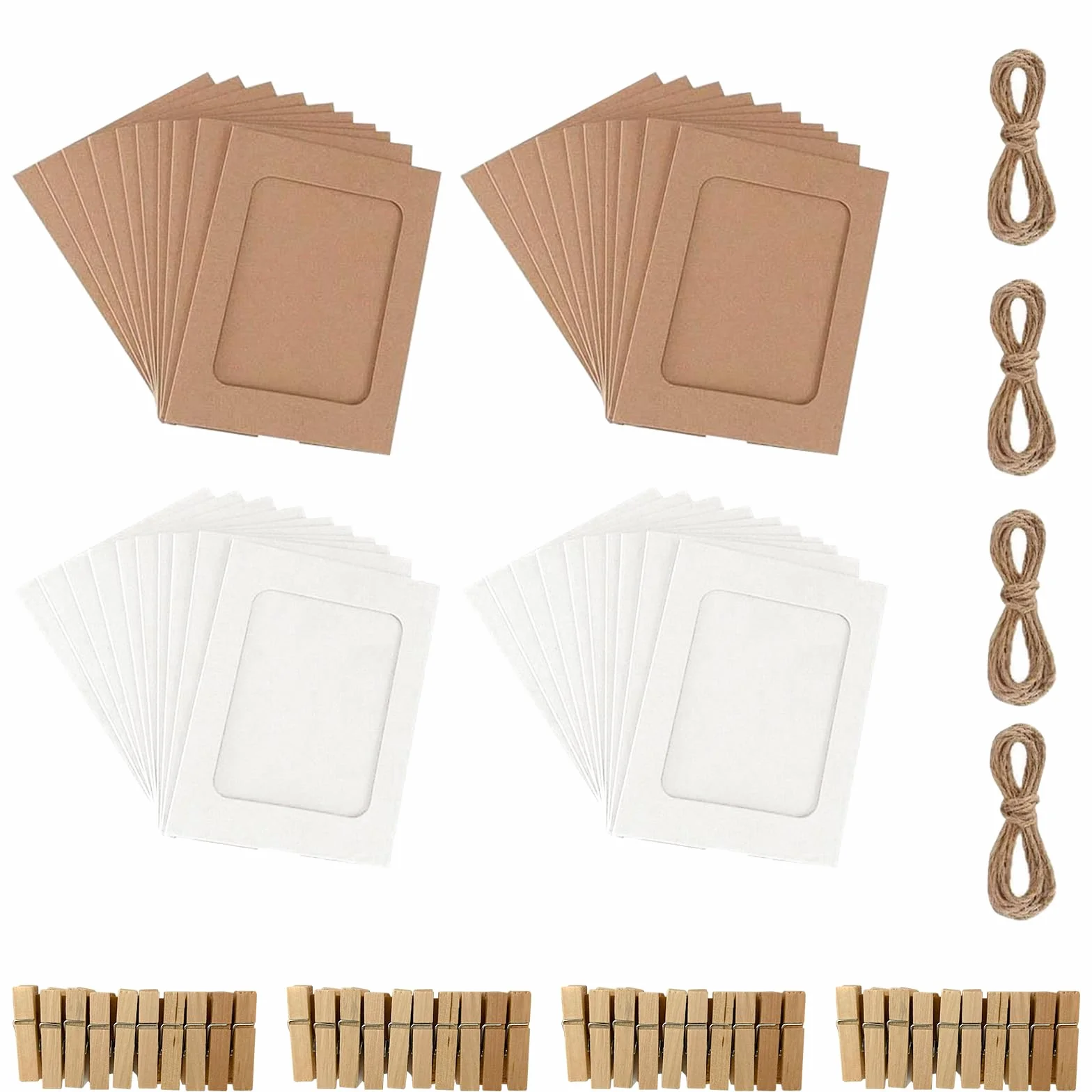 Lot de 40 cadres photo en carton papier kraft DIY 10x15 cm avec pinces en bois et cordes chanvre