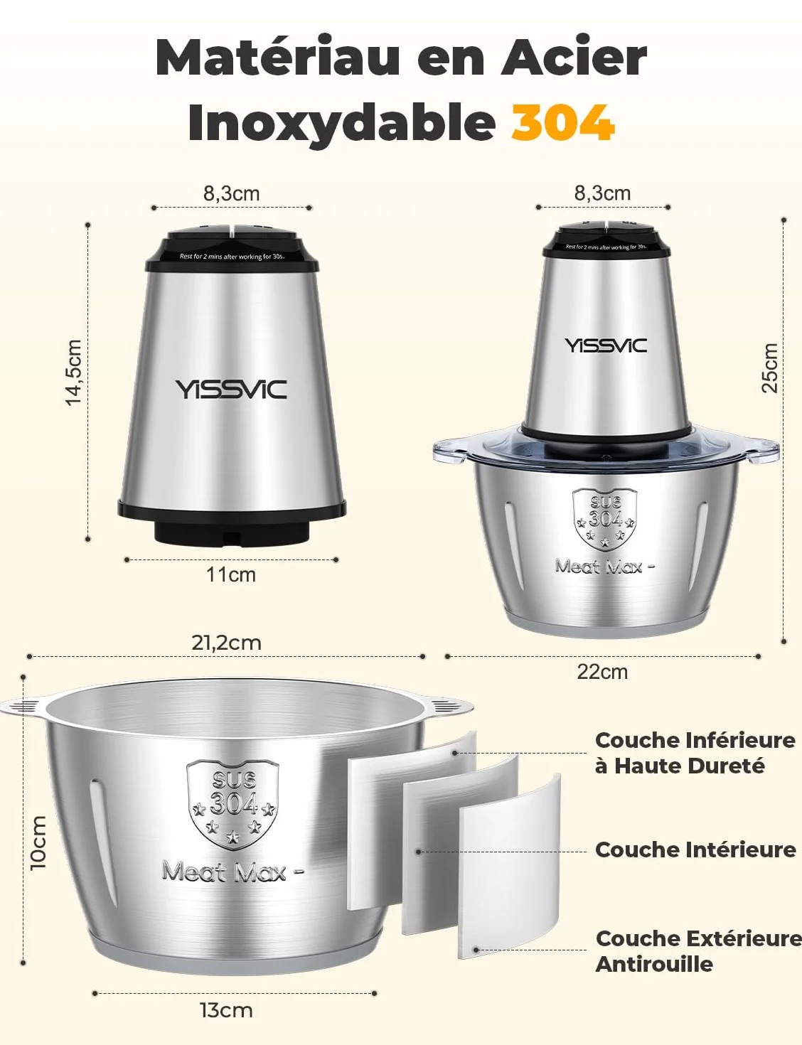 YISSVIC Hachoir Électrique 500W Mixeur Hachoir avec 2x4 Lames Bol Acier 2L Anneau Antidérapant 2 Vitesses Réglable Compatible Lave-Vaisselle Convient aux Fruits, Légumes, Viandes et Épices