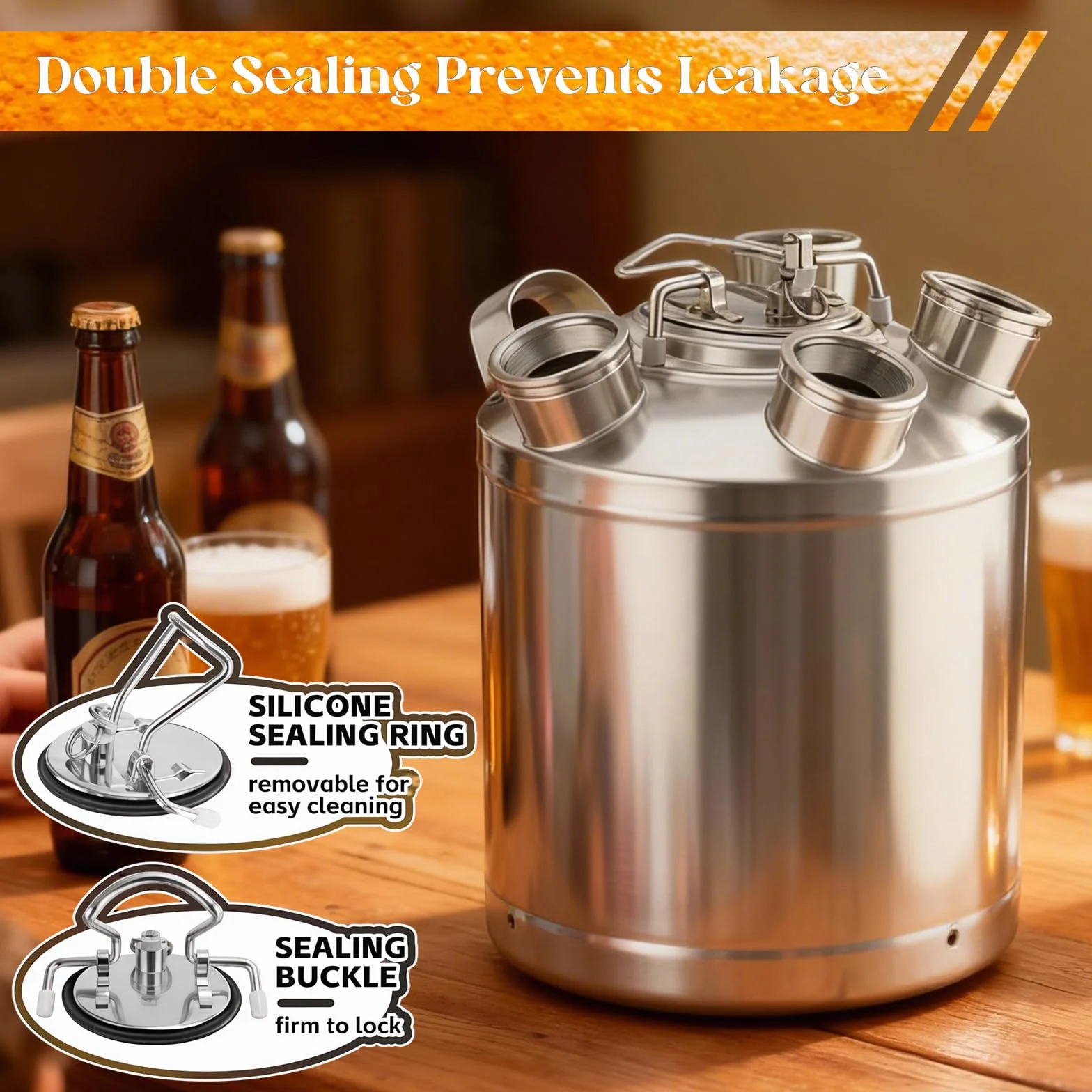 Fût de nettoyage de bière 10 l, en acier inoxydable, récipient de nettoyage à 4 têtes, avec brochettes A, S, G, D avec capuchon de fermeture pour machines à thé au lait et machines à jus