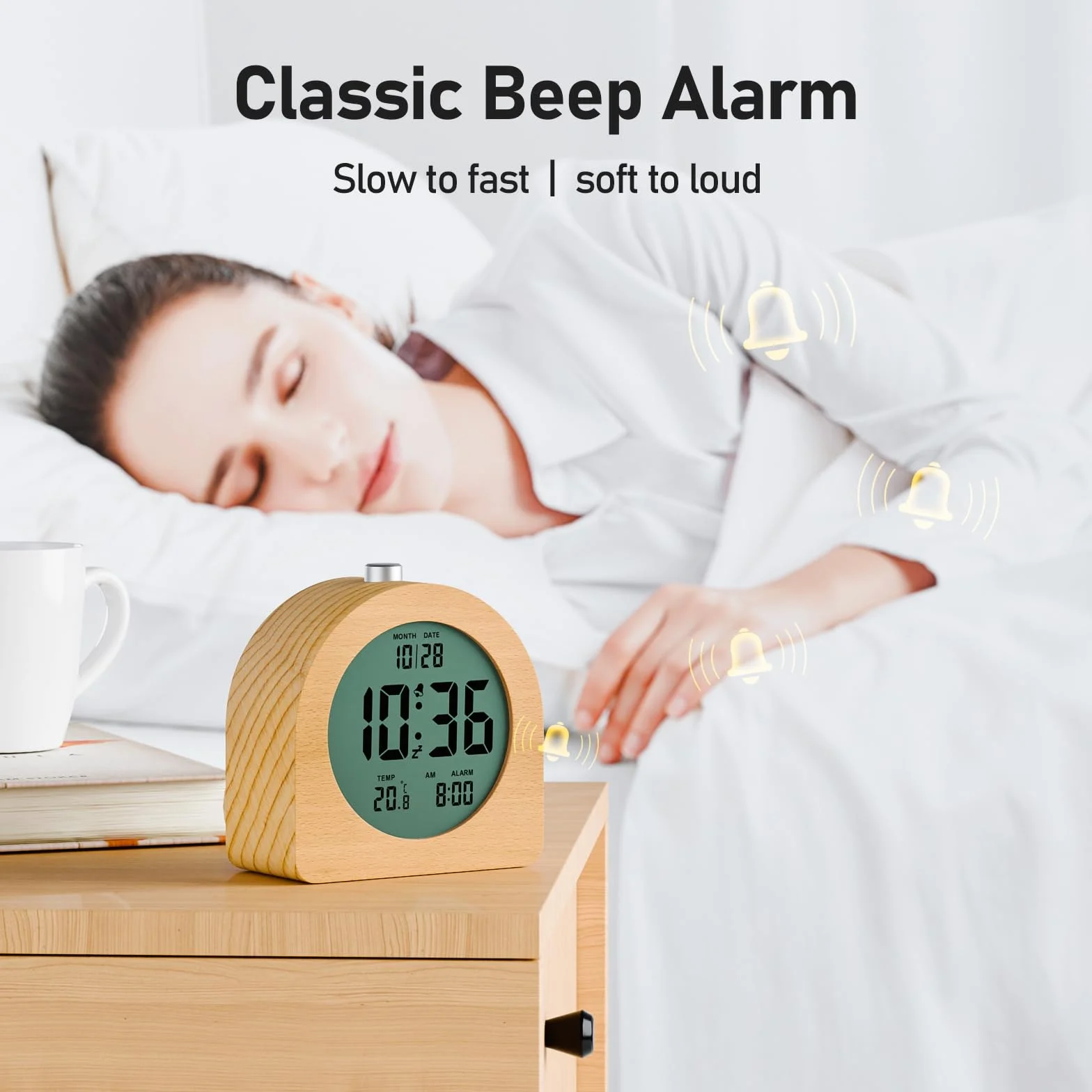 Réveil Numérique en Bois avec Écran LCD, Fonction Snooze, Affichage Date et Température, 12/24H