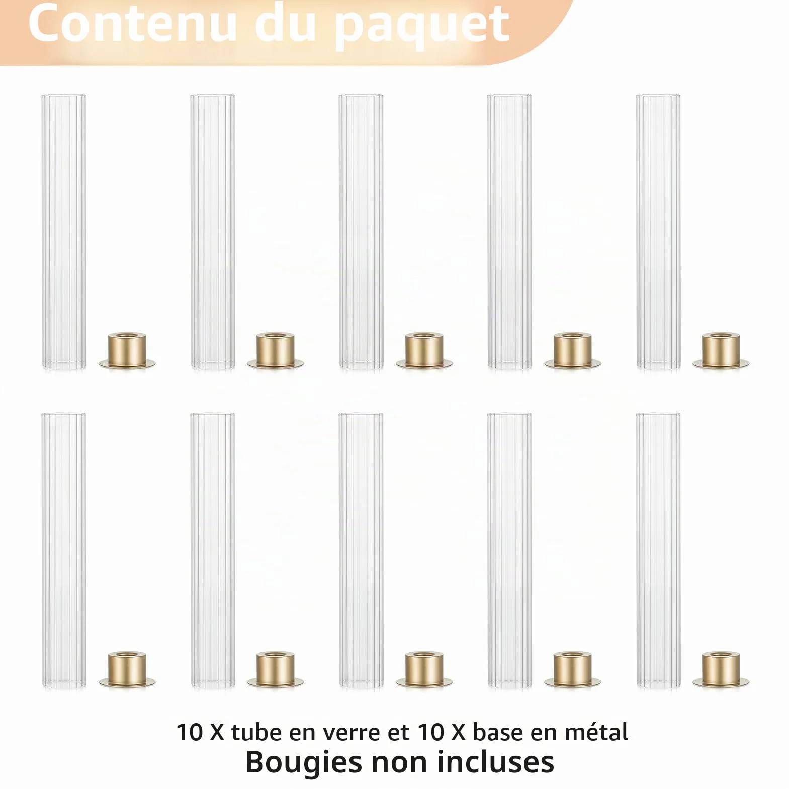 NUPTIO Bougeoir Hurricane pour centre de table : lot de 10 bougeoirs coniques en métal avec cylindres en verre cannelé – Bougeoirs dorés en vrac pour décoration de table de fête en plein air, dîner