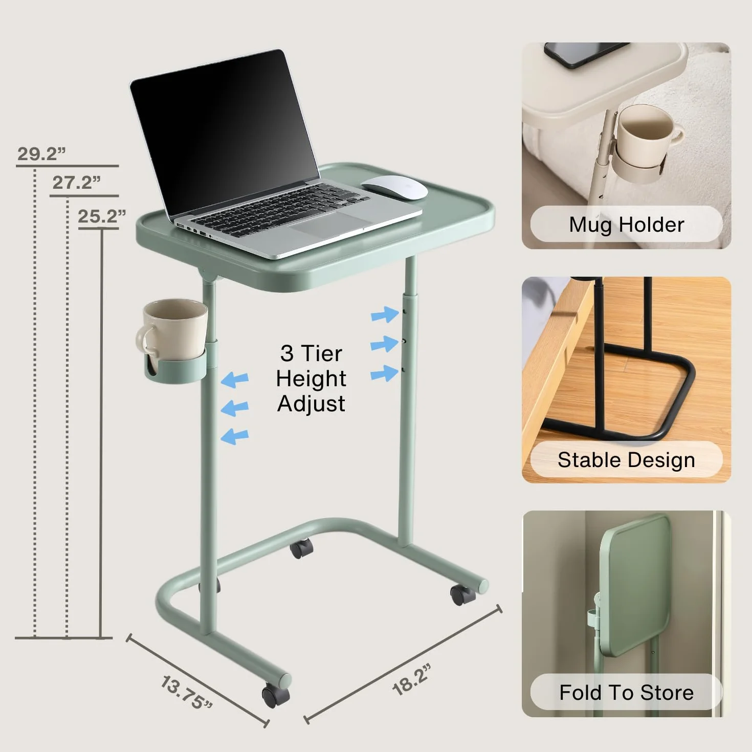 Keepo Plateau TV en métal avec roulettes/roulettes, table d'appoint, plateau de repas réglable, table pour ordinateur portable pliable avec 3 hauteurs, angle d'inclinaison de 0 à 90 degrés, portable