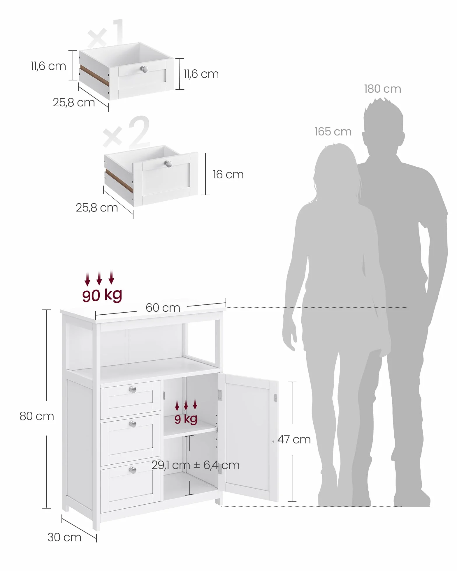 VASAGLE Meuble de Salle de Bain, Meuble de Rangement, Commode, Placard, Armoire, avec Étagères Réglables, 3 Tiroirs, 30 x 60 x 80 cm, Blanc BBC542P31V1
