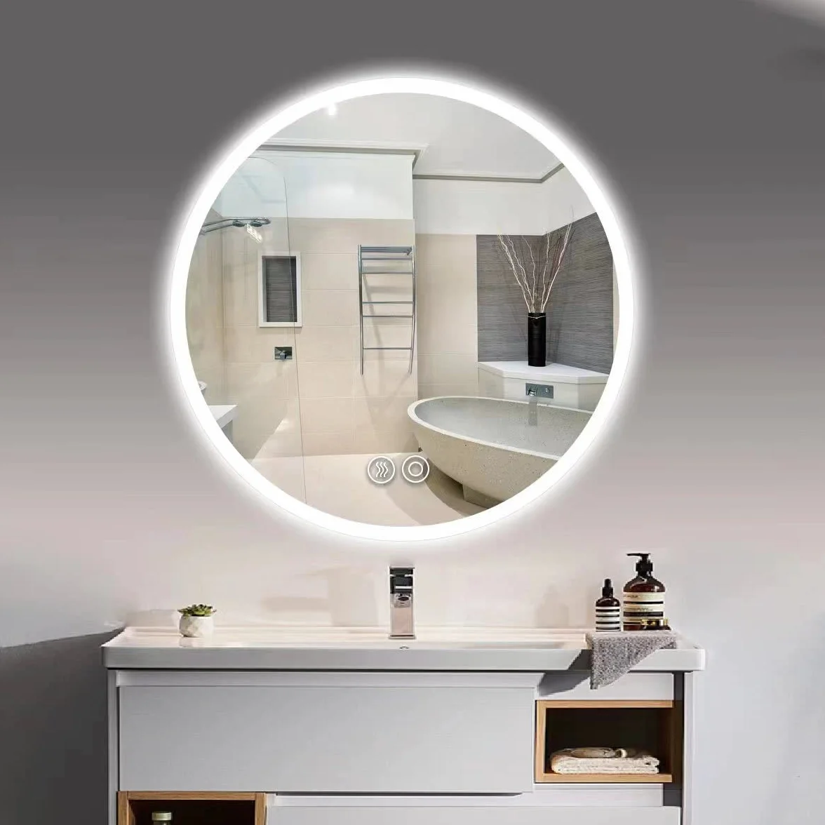 Panana Miroir de salle de bain rond étanche LED éclairé avec fonction anti-buée/désembuage/lumière dégradée - Monté au mur - Capteur - Anti-buée (rond 70 cm * 70 cm)