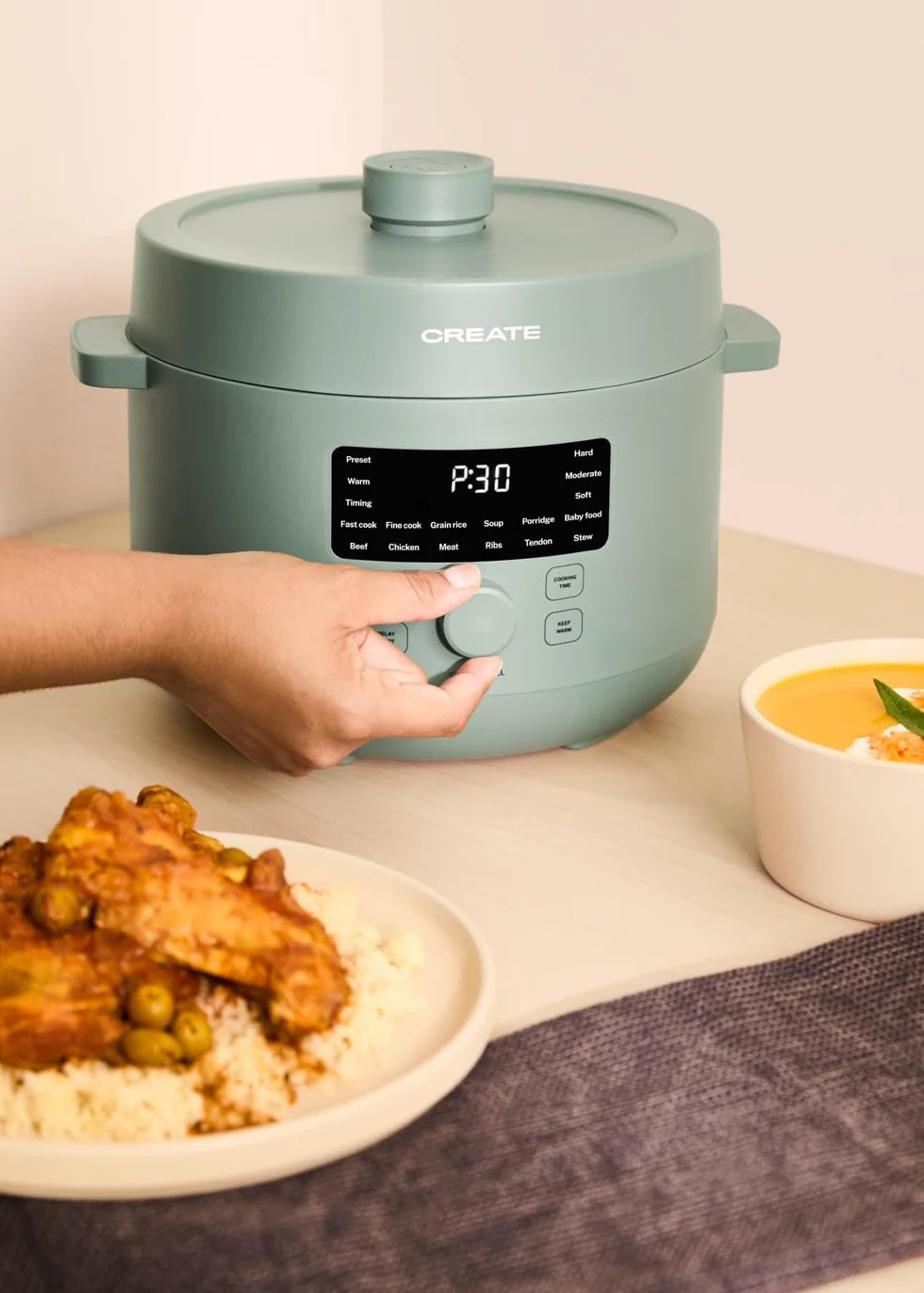 CREATE/PRESSURE COOKER STUDIO/Autocuiseur électrique multifonction programmable 4L vert sauge / 15 fonctions, minuterie 24h, revêtement céramique antiadhésif, valve de sécurité, 1200W